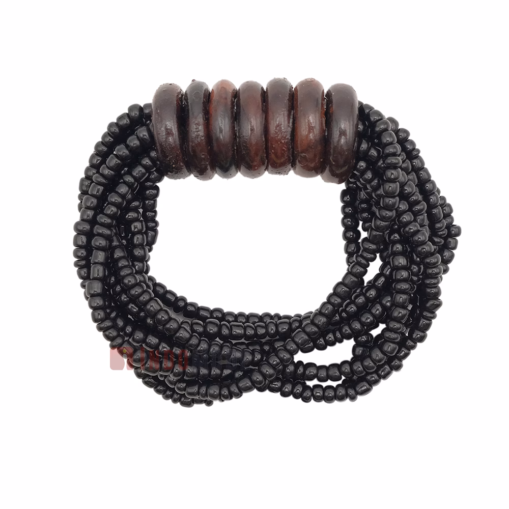 Beaded Bali Bracelet - Black Handcrafted 10-Strand Elastic Stretchy Women's Jewelry with Wood Rings Size 6.5-7.5 inch with Gift Box