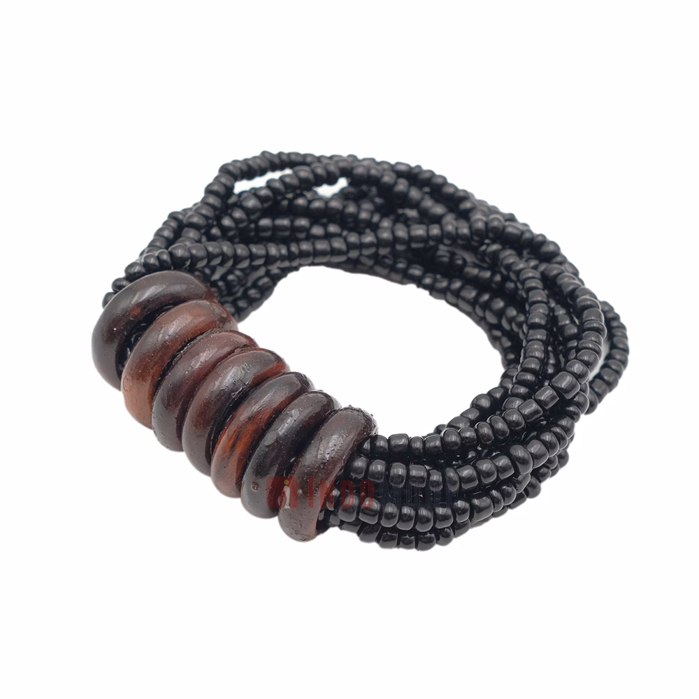 Beaded Bali Bracelet - Black Handcrafted 10-Strand Elastic Stretchy Women's Jewelry with Wood Rings Size 6.5-7.5 inch with Gift Box - Image 2