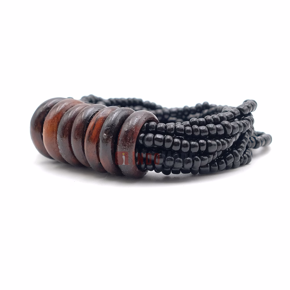 Beaded Bali Bracelet - Black Handcrafted 10-Strand Elastic Stretchy Women's Jewelry with Wood Rings Size 6.5-7.5 inch with Gift Box - Image 3