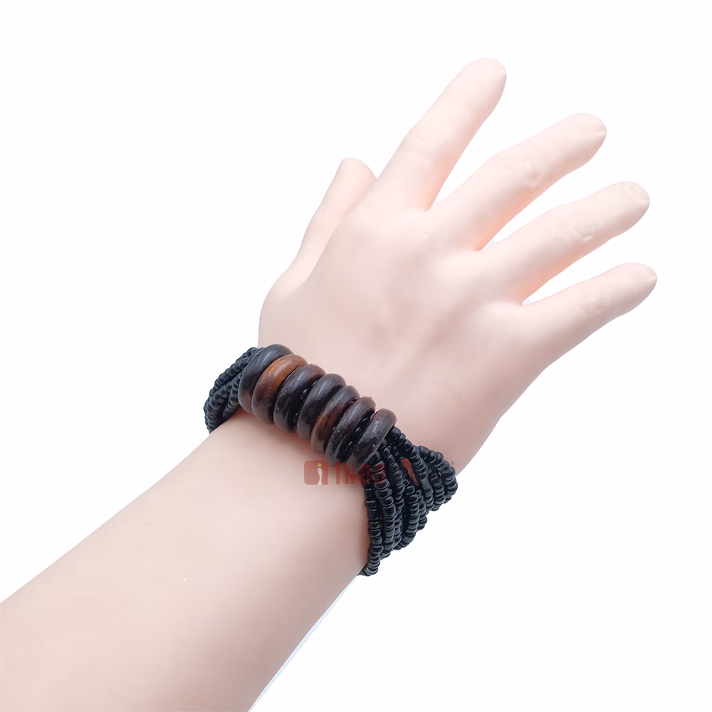 Beaded Bali Bracelet - Black Handcrafted 10-Strand Elastic Stretchy Women's Jewelry with Wood Rings Size 6.5-7.5 inch with Gift Box - Image 5