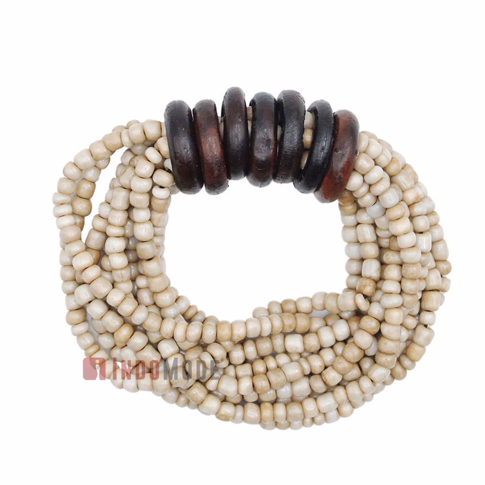 Beaded Bali Bracelet - Bone White Handcrafted 10-Strand Elastic Stretchy Women's Jewelry with Wood Rings Size 6.5-7.5 inch with Gift Box