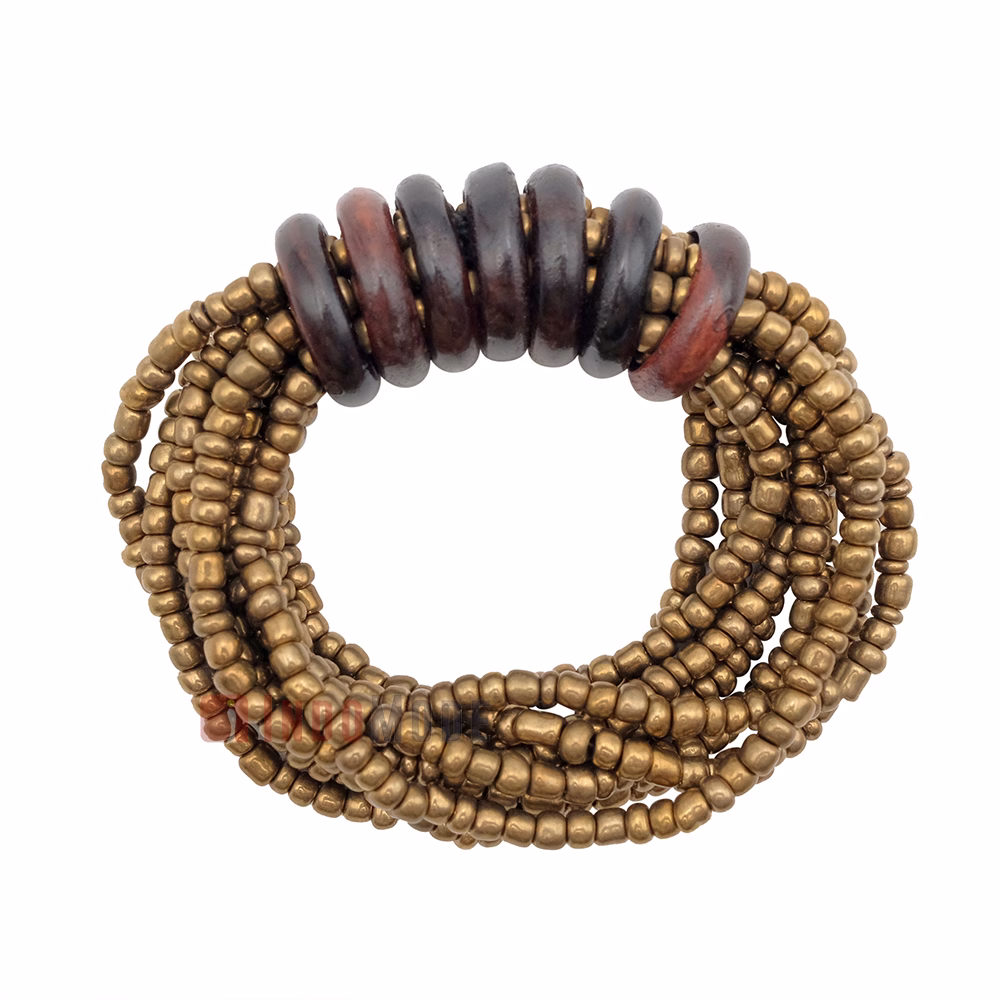 Beaded Bali Bracelet - Gold Handcrafted 10-Strand Elastic Stretchy Women's Jewelry with Wood Rings Size 6.5-7.5 inch with Gift Box