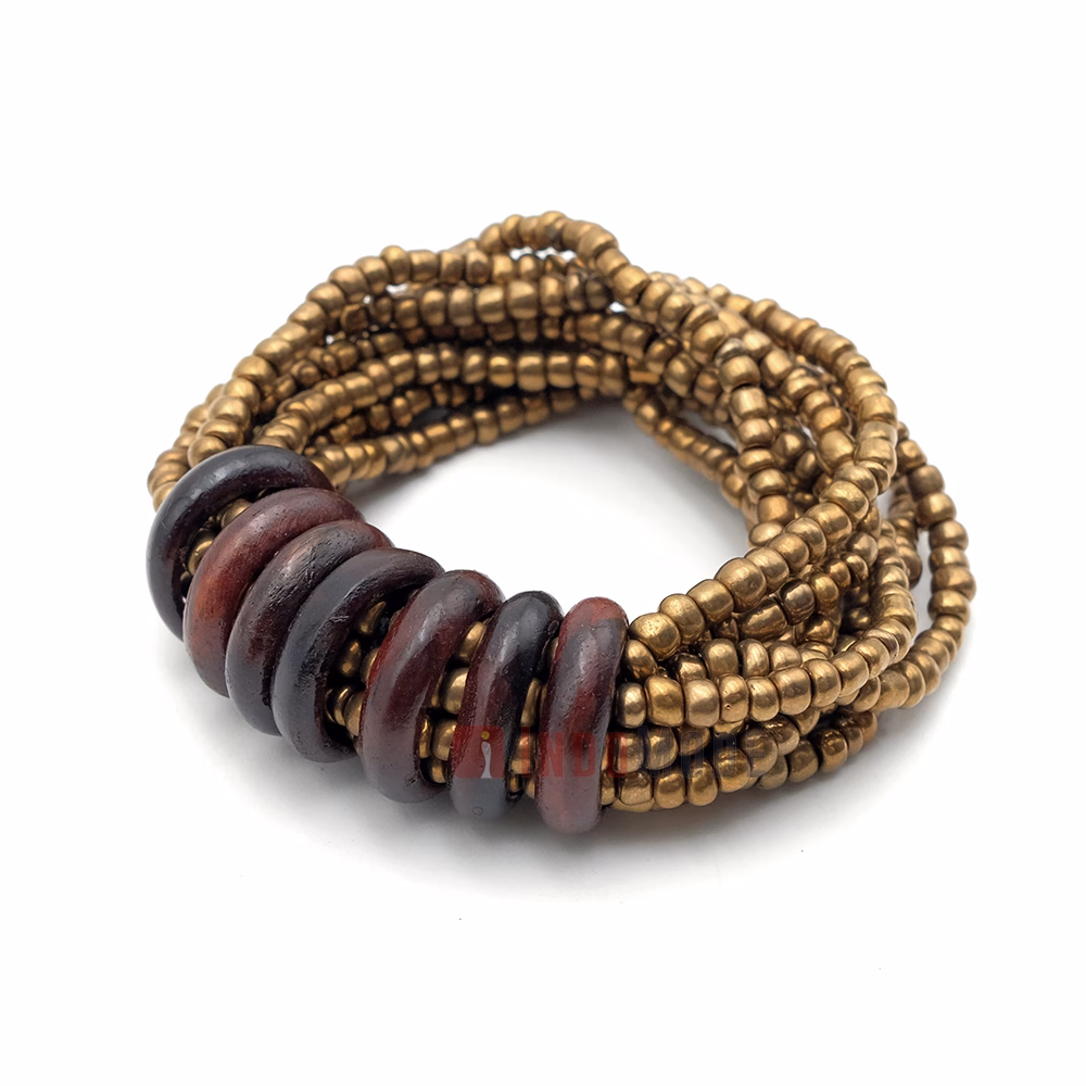 Beaded Bali Bracelet - Gold Handcrafted 10-Strand Elastic Stretchy Women's Jewelry with Wood Rings Size 6.5-7.5 inch with Gift Box