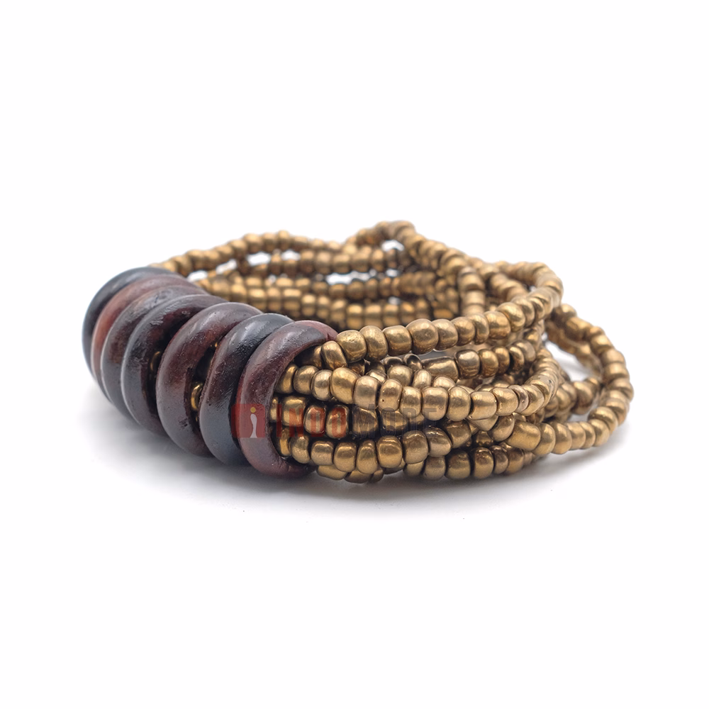 Beaded Bali Bracelet - Gold Handcrafted 10-Strand Elastic Stretchy Women's Jewelry with Wood Rings Size 6.5-7.5 inch with Gift Box