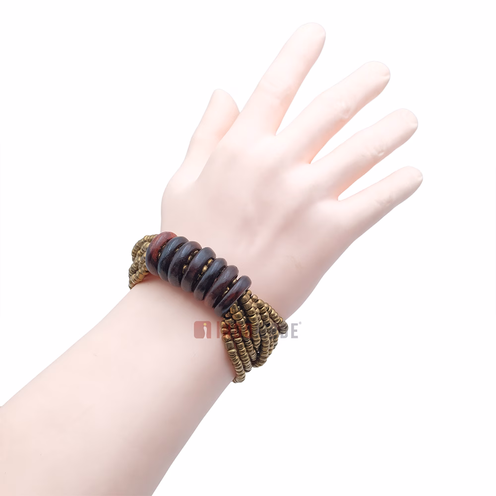 Beaded Bali Bracelet - Gold Handcrafted 10-Strand Elastic Stretchy Women's Jewelry with Wood Rings Size 6.5-7.5 inch with Gift Box