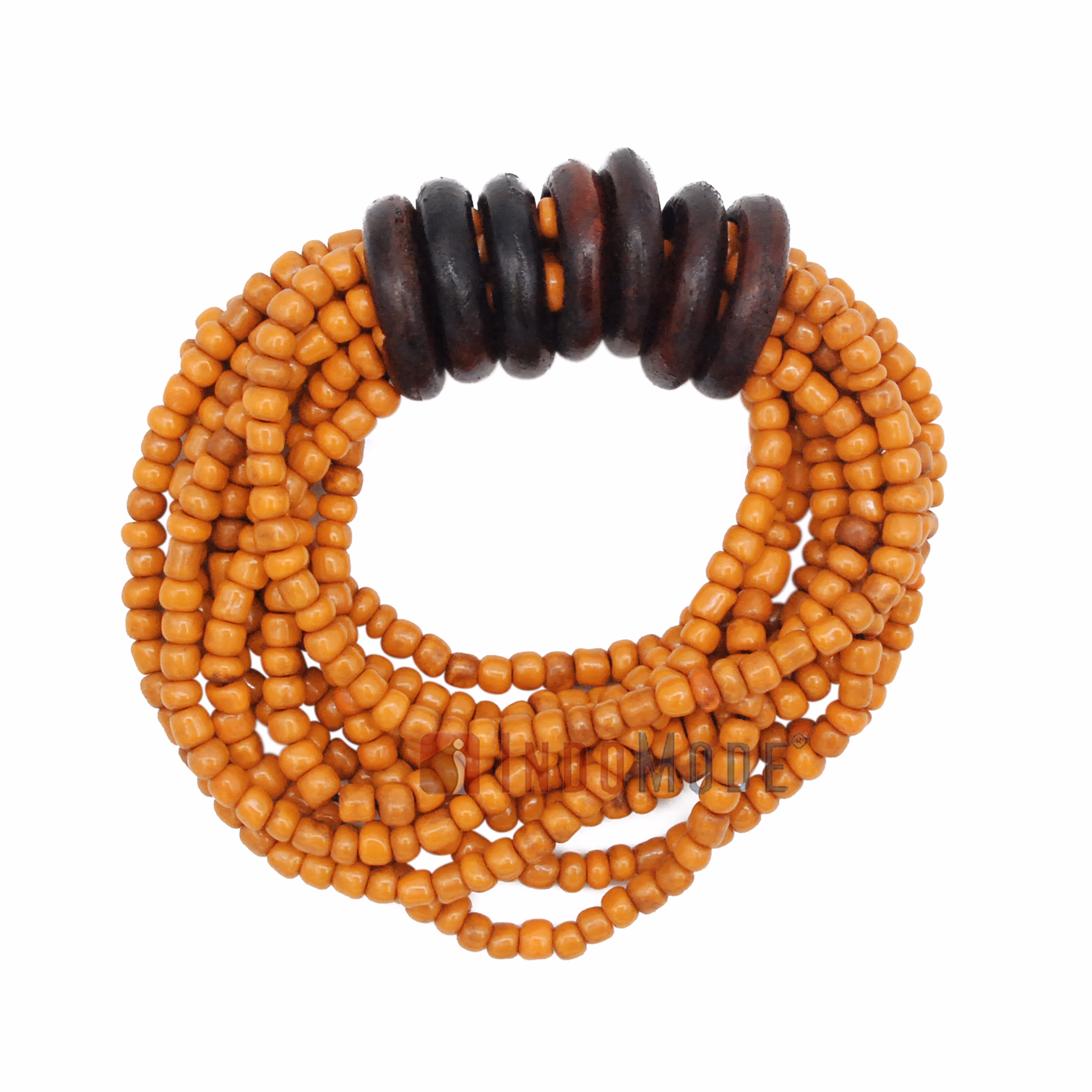 Beaded Bali Bracelet - Rustic Orange Handcrafted 10-Strand Elastic Stretchy Women's Jewelry with Wood Rings Size 6.5-7.5 inch with Gift Box