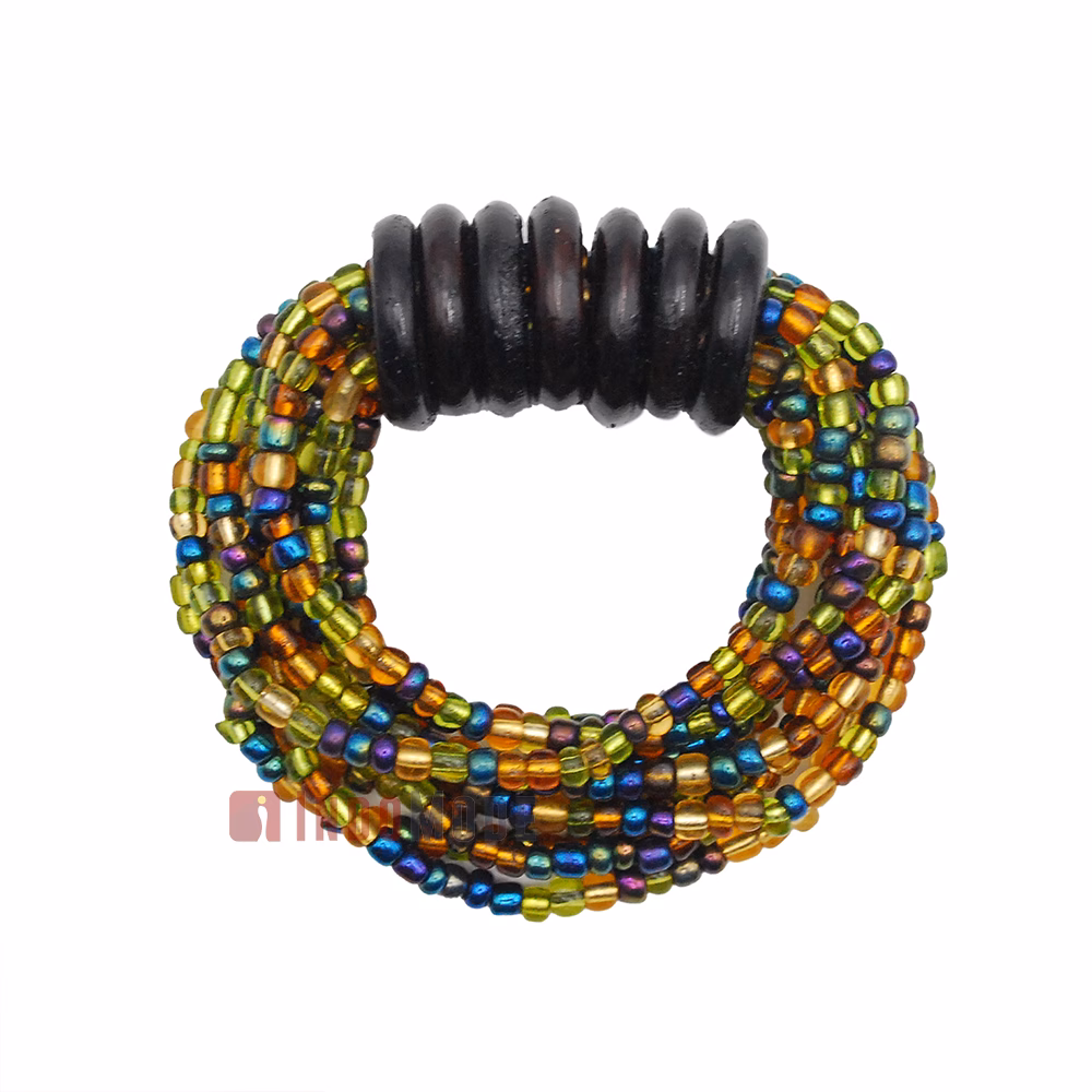 Beaded Bali Bracelet - Mix Translucent Green, Translucent Gold, Translucent Purple Handcrafted 10-Strand Elastic Stretchy Women's Jewelry with Wood Rings Size 6.5-7.5 inch with Gift Box