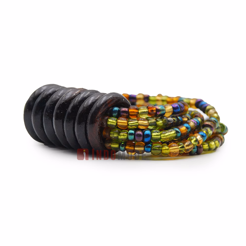 Beaded Bali Bracelet - Mix Translucent Green, Translucent Gold, Translucent Purple Handcrafted 10-Strand Elastic Stretchy Women's Jewelry with Wood Rings Size 6.5-7.5 inch with Gift Box