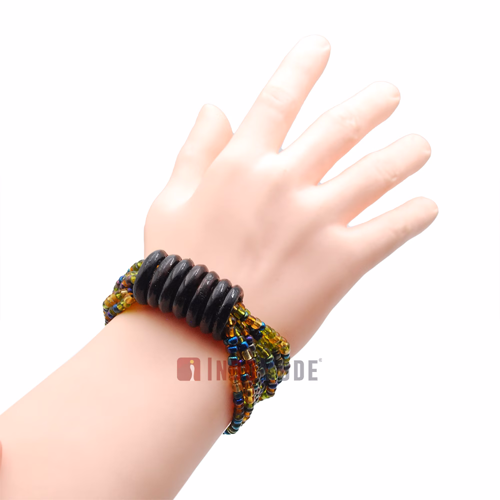 Beaded Bali Bracelet - Mix Translucent Green, Translucent Gold, Translucent Purple Handcrafted 10-Strand Elastic Stretchy Women's Jewelry with Wood Rings Size 6.5-7.5 inch with Gift Box