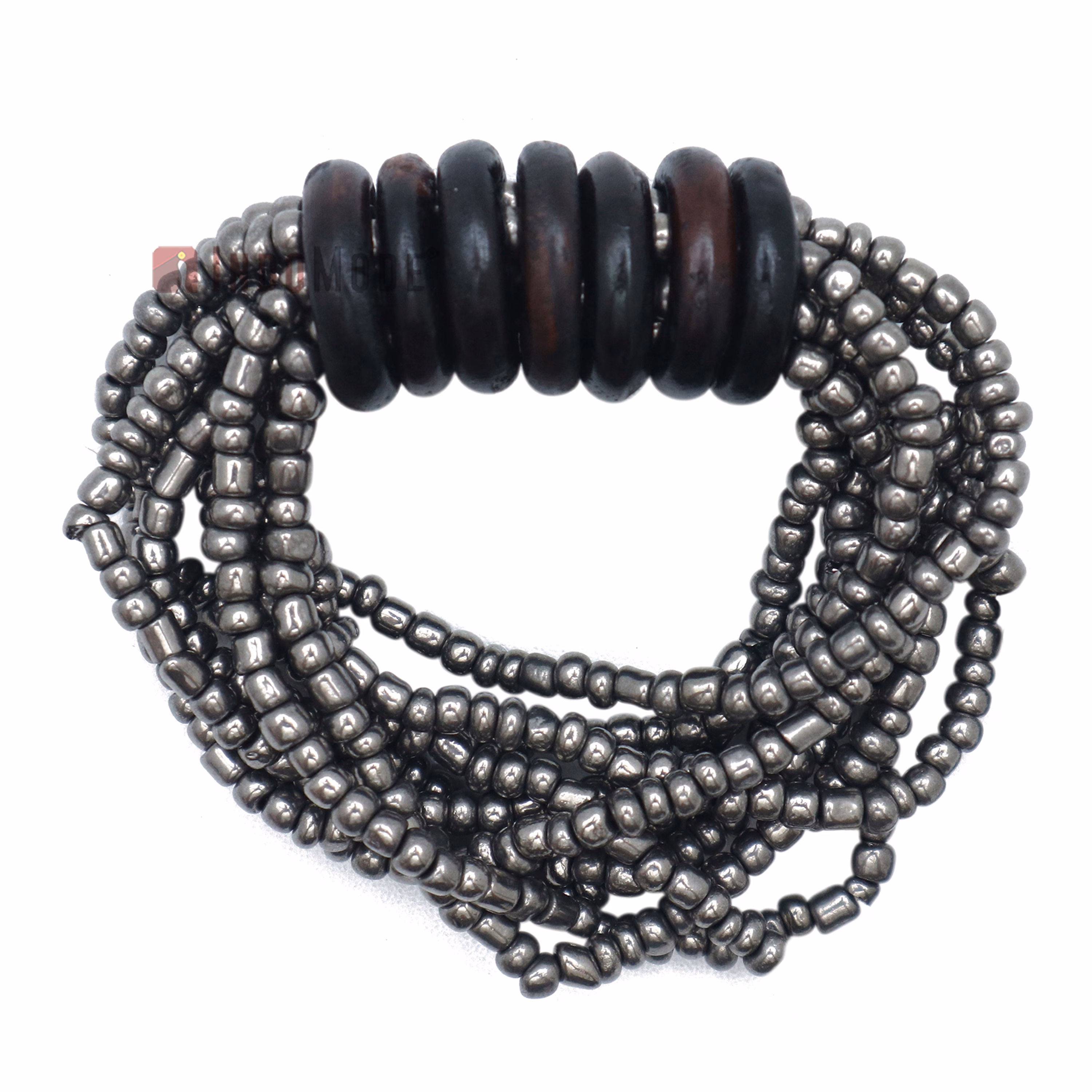 Beaded Bali Bracelet - Hematite Handcrafted 10-Strand Elastic Stretchy Women's Jewelry with Wood Rings Size 6.5-7.5 inch with Gift Box