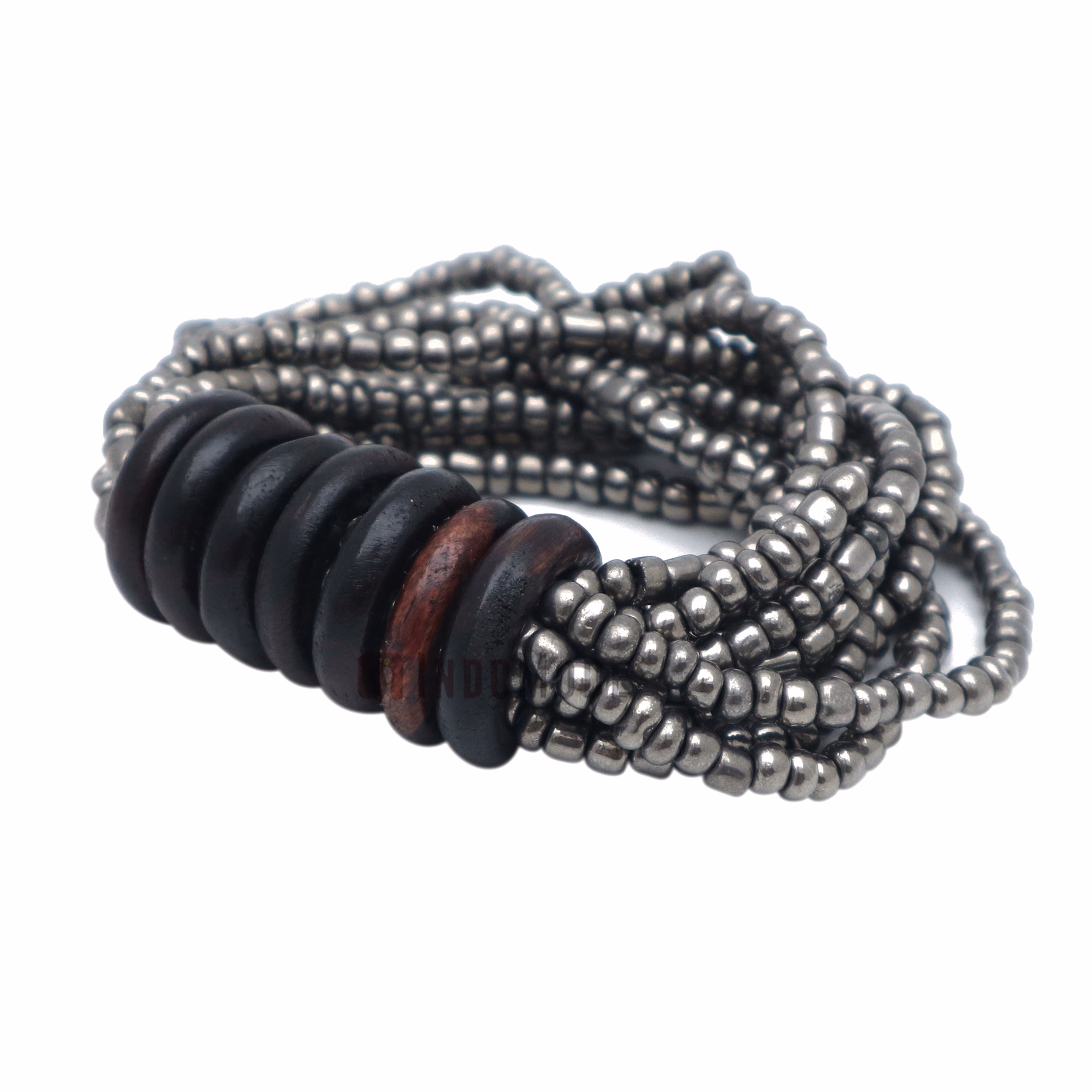 Beaded Bali Bracelet - Hematite Handcrafted 10-Strand Elastic Stretchy Women's Jewelry with Wood Rings Size 6.5-7.5 inch with Gift Box