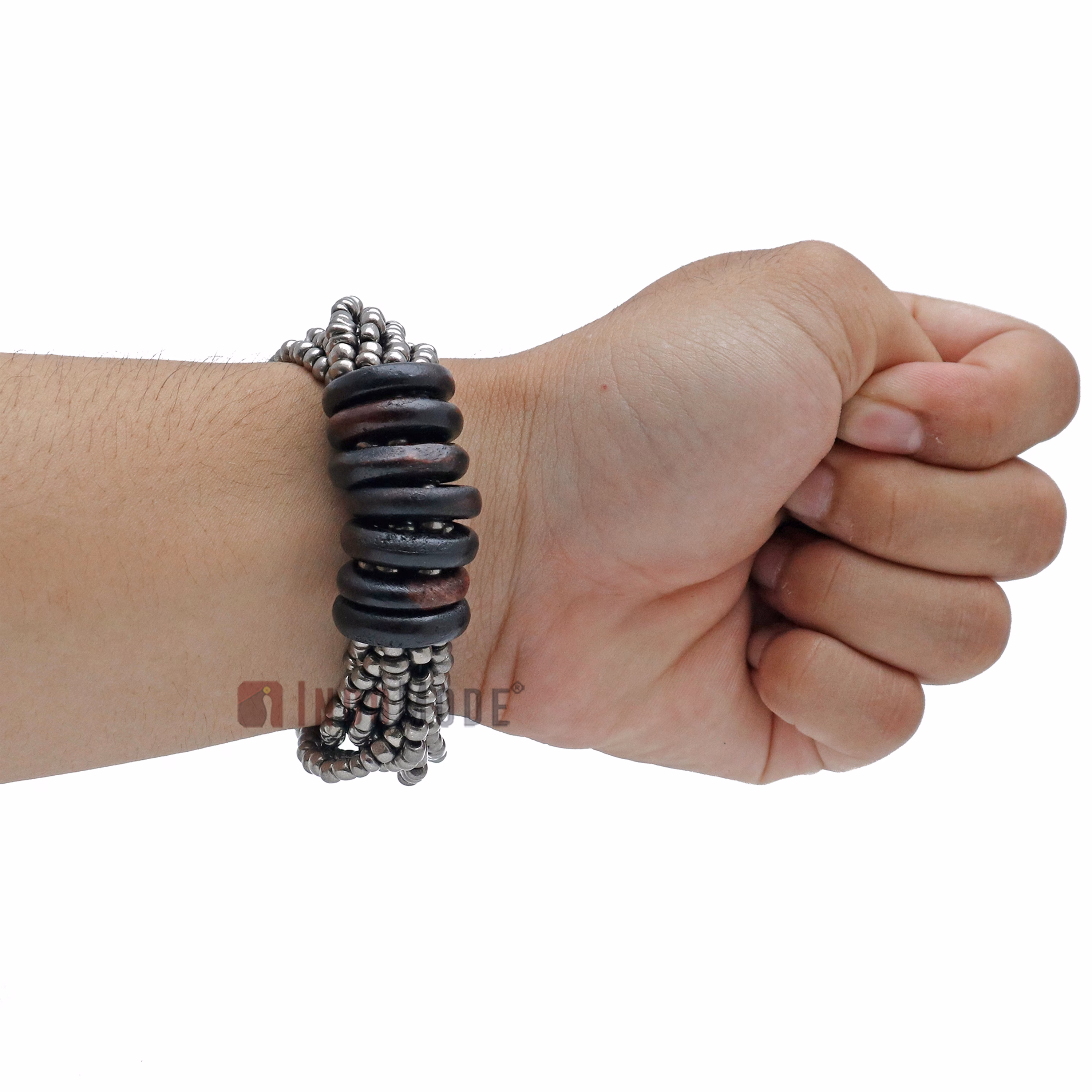 Beaded Bali Bracelet - Hematite Handcrafted 10-Strand Elastic Stretchy Women's Jewelry with Wood Rings Size 6.5-7.5 inch with Gift Box