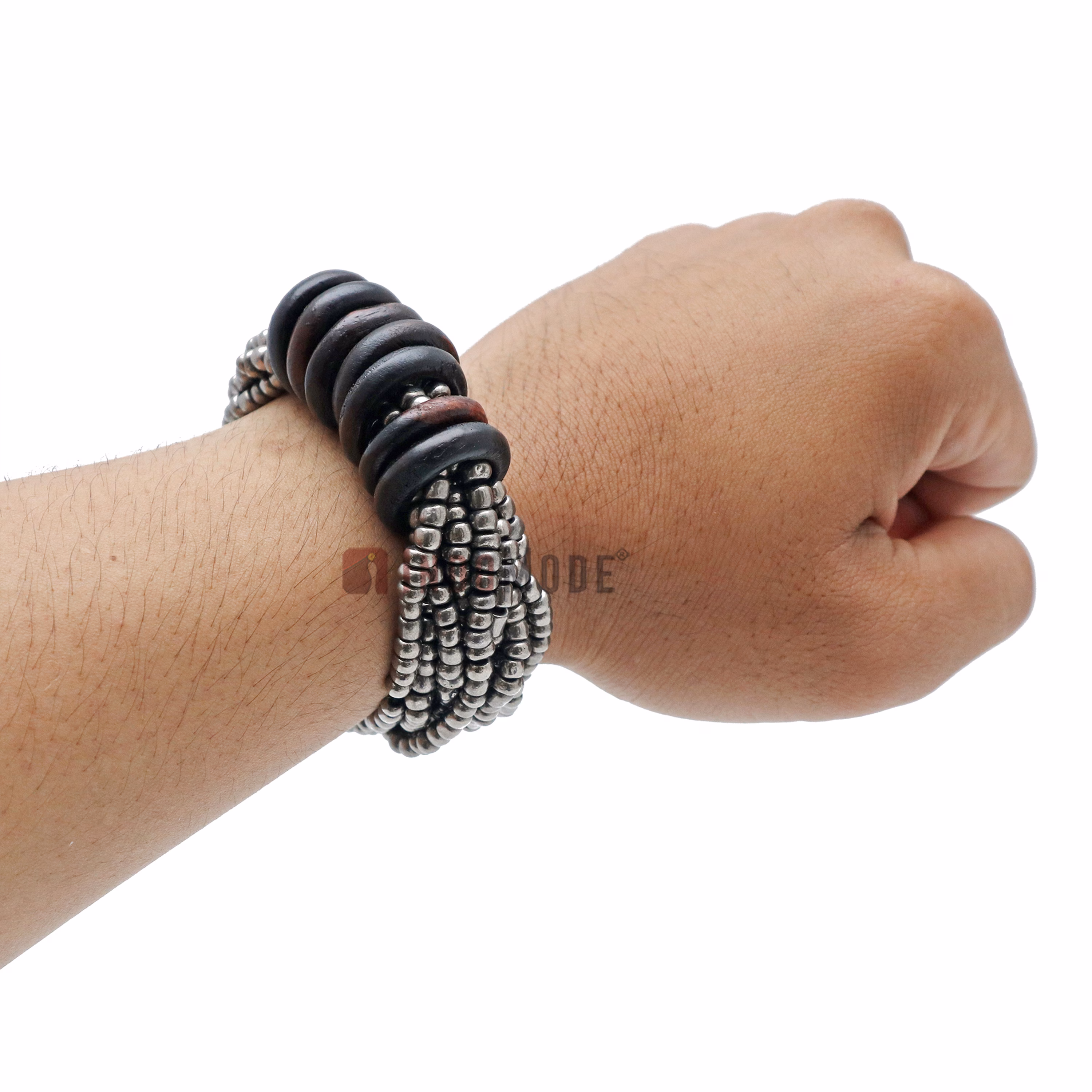 Beaded Bali Bracelet - Hematite Handcrafted 10-Strand Elastic Stretchy Women's Jewelry with Wood Rings Size 6.5-7.5 inch with Gift Box