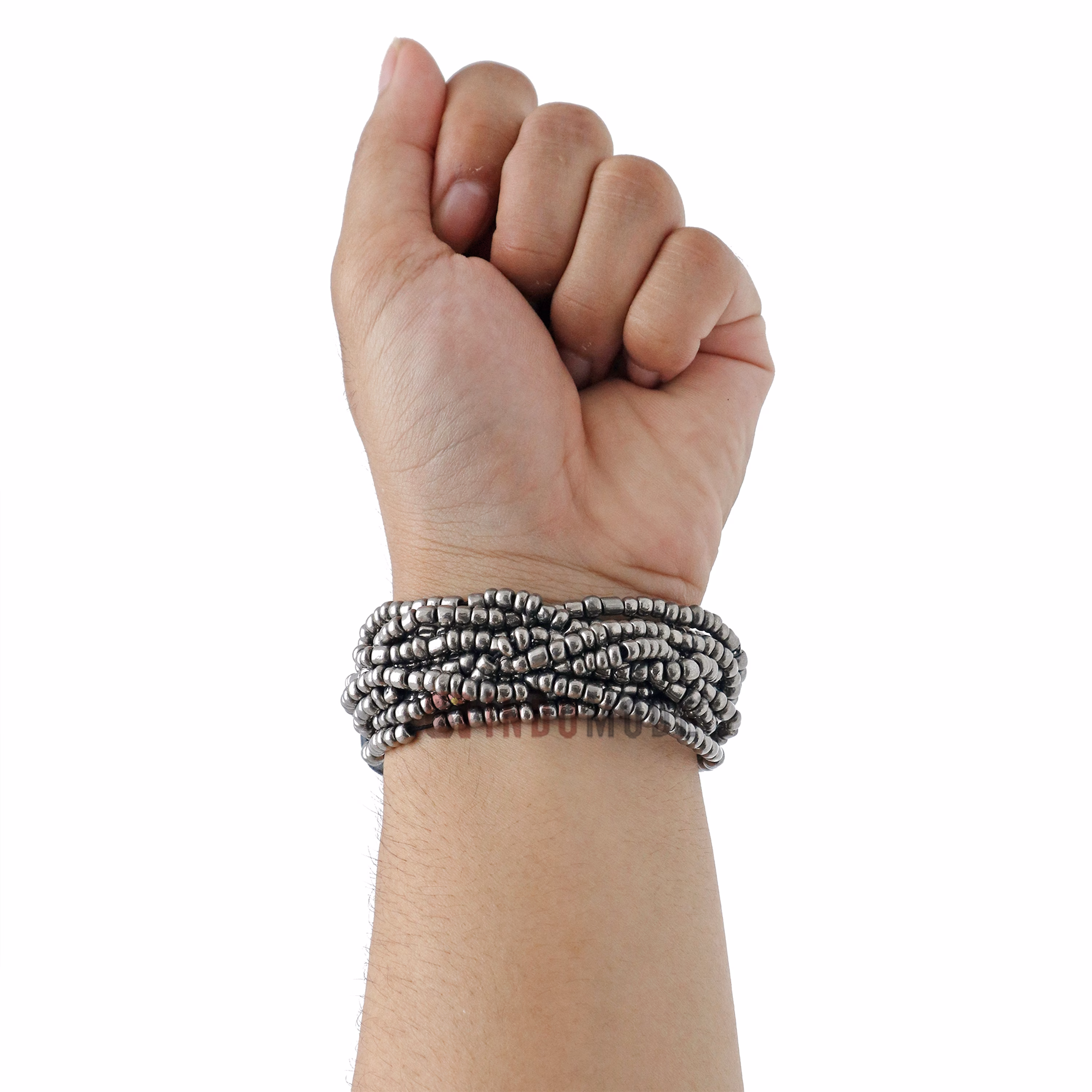 Beaded Bali Bracelet - Hematite Handcrafted 10-Strand Elastic Stretchy Women's Jewelry with Wood Rings Size 6.5-7.5 inch with Gift Box