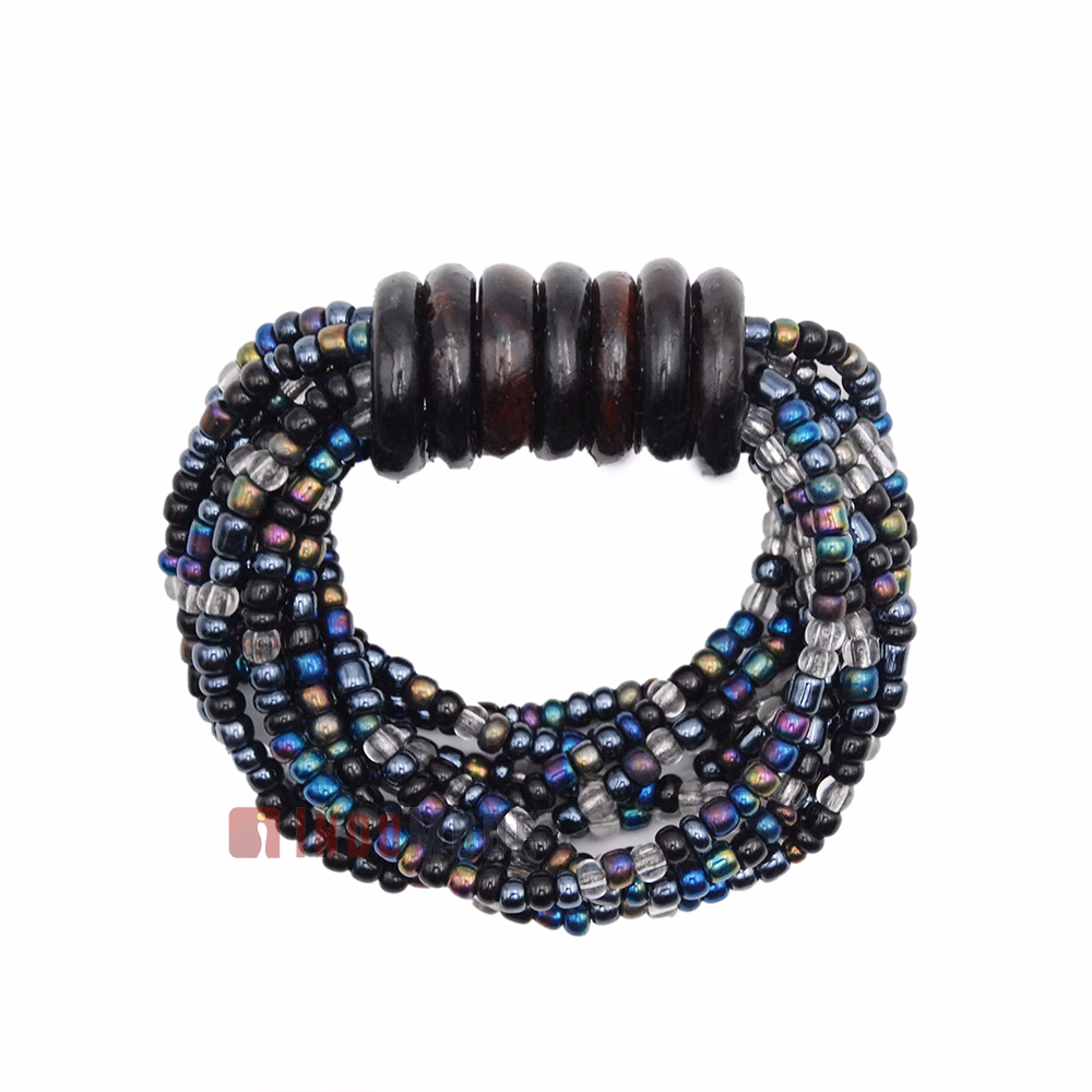 Beaded Bali Bracelet - Clear, Hematite Rainbow Chrome Mix Handcrafted 10-Strand Elastic Stretchy Women's Jewelry with Wood Rings Size 6.5-7.5 inch with Gift Box