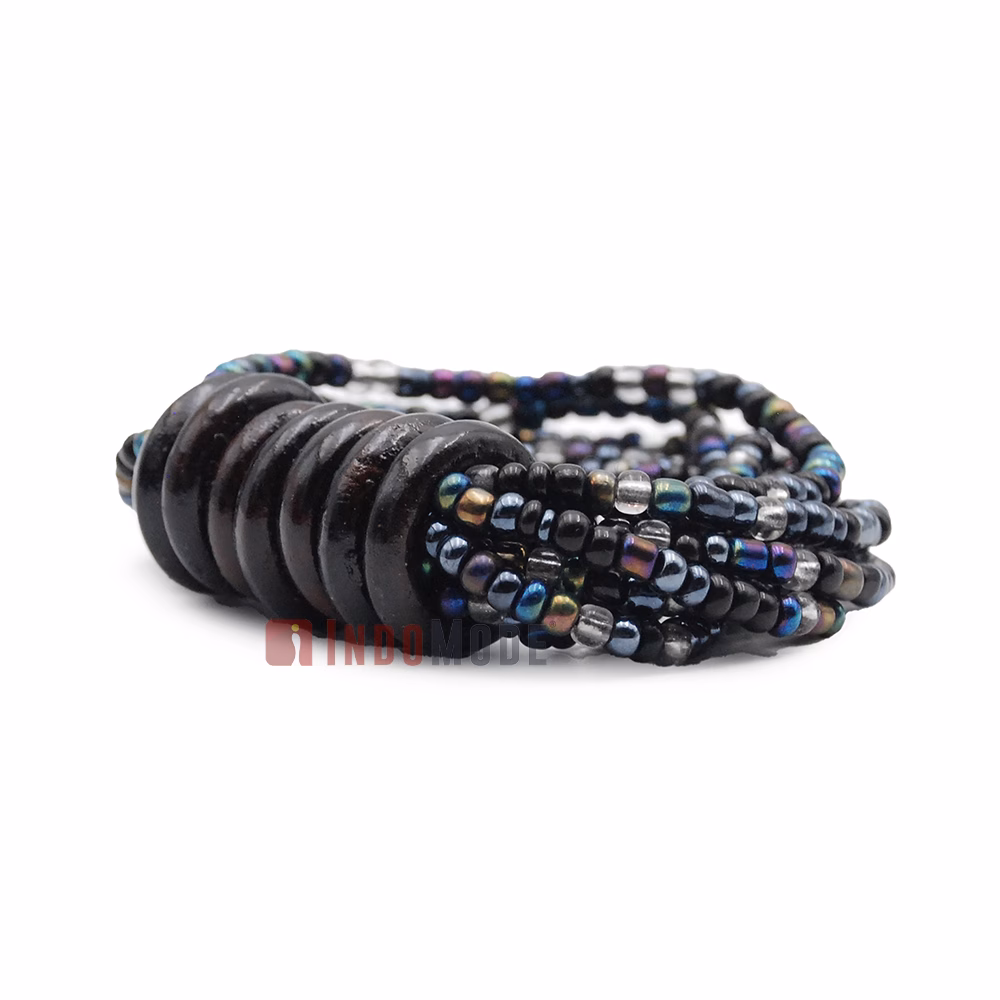 Beaded Bali Bracelet - Clear, Hematite Rainbow Chrome Mix Handcrafted 10-Strand Elastic Stretchy Women's Jewelry with Wood Rings Size 6.5-7.5 inch with Gift Box - Image 2