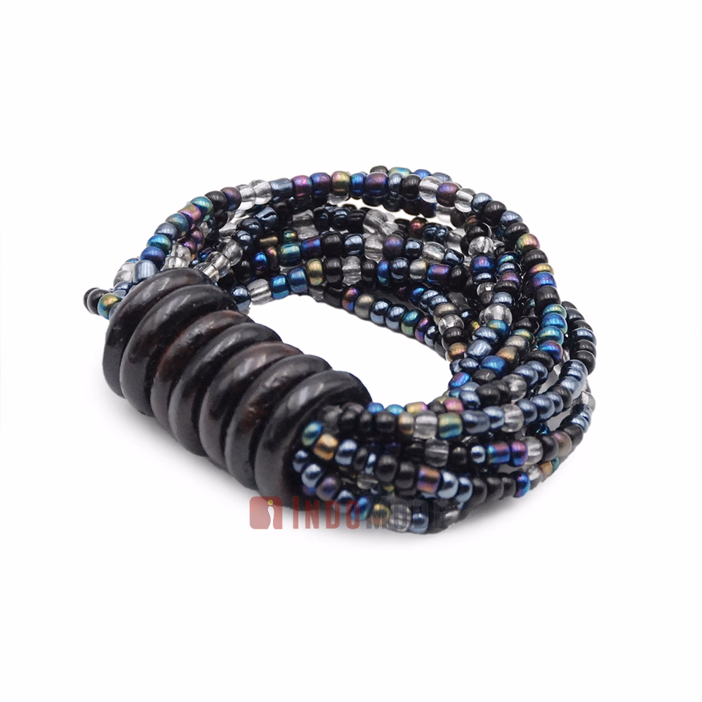 Beaded Bali Bracelet - Clear, Hematite Rainbow Chrome Mix Handcrafted 10-Strand Elastic Stretchy Women's Jewelry with Wood Rings Size 6.5-7.5 inch with Gift Box - Image 4
