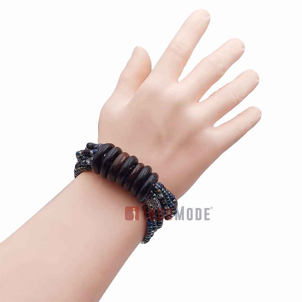 Beaded Bali Bracelet - Clear, Hematite Rainbow Chrome Mix Handcrafted 10-Strand Elastic Stretchy Women's Jewelry with Wood Rings Size 6.5-7.5 inch with Gift Box - Image 5