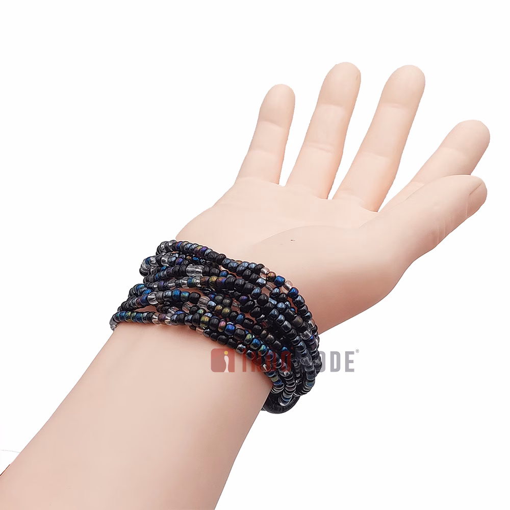 Beaded Bali Bracelet - Clear, Hematite Rainbow Chrome Mix Handcrafted 10-Strand Elastic Stretchy Women's Jewelry with Wood Rings Size 6.5-7.5 inch with Gift Box - Image 6