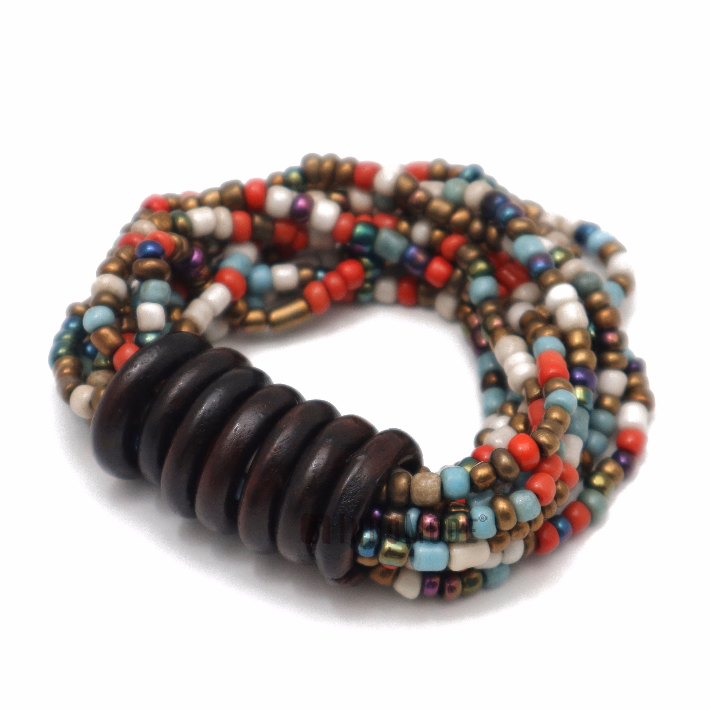 Beaded Bali Bracelet - Multicolor Accented with Gold Handcrafted 10-Strand Elastic Stretchy Women's Jewelry with Wood Rings Size 6.5-7.5 inch with Gift Box