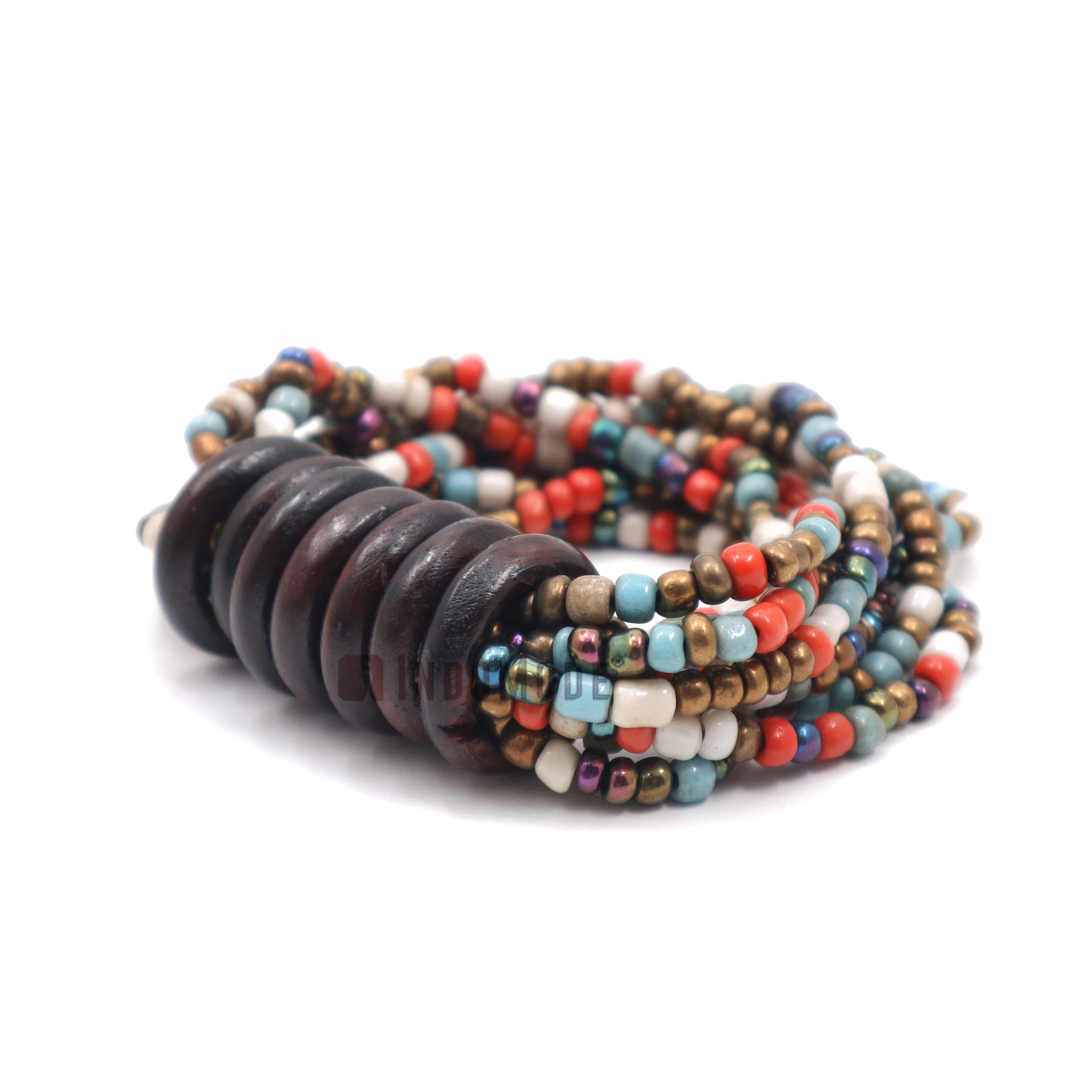 Beaded Bali Bracelet - Multicolor Accented with Gold Handcrafted 10-Strand Elastic Stretchy Women's Jewelry with Wood Rings Size 6.5-7.5 inch with Gift Box