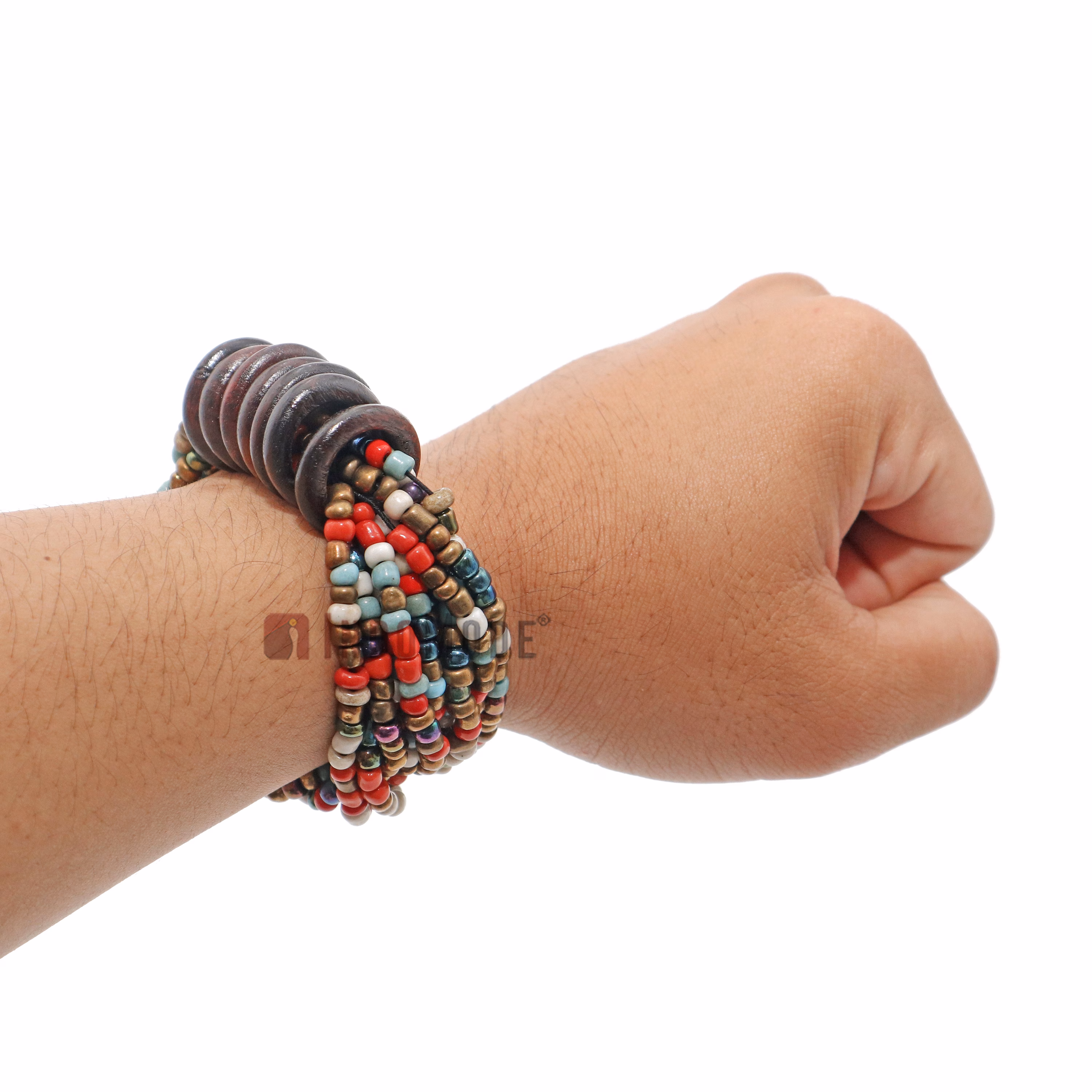 Beaded Bali Bracelet - Multicolor Accented with Gold Handcrafted 10-Strand Elastic Stretchy Women's Jewelry with Wood Rings Size 6.5-7.5 inch with Gift Box