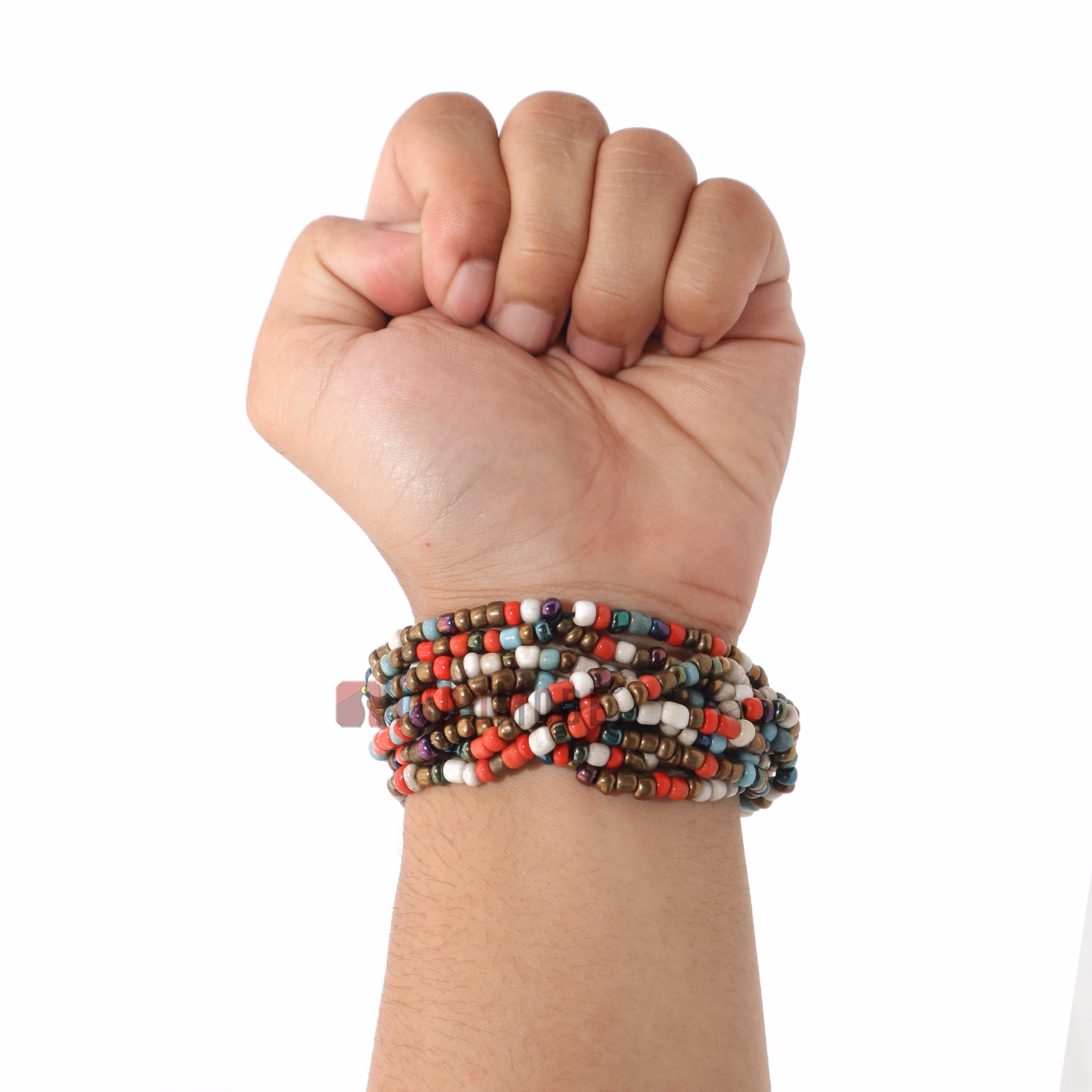 Beaded Bali Bracelet - Multicolor Accented with Gold Handcrafted 10-Strand Elastic Stretchy Women's Jewelry with Wood Rings Size 6.5-7.5 inch with Gift Box