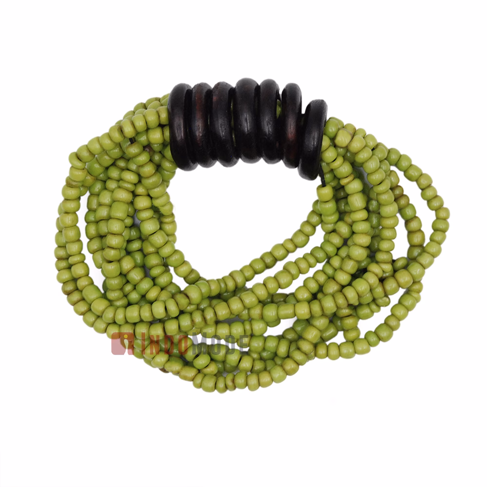 Beaded Bali Bracelet - Parrot Green Handcrafted 10-Strand Elastic Stretchy Women's Jewelry with Wood Rings Size 6.5-7.5 inch with Gift Box