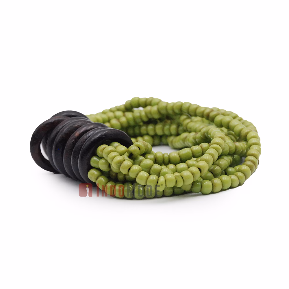 Beaded Bali Bracelet - Parrot Green Handcrafted 10-Strand Elastic Stretchy Women's Jewelry with Wood Rings Size 6.5-7.5 inch with Gift Box - Image 2