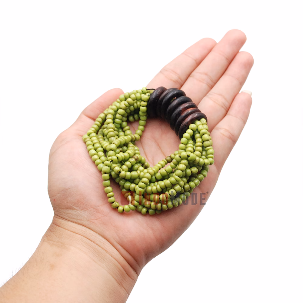 Beaded Bali Bracelet - Parrot Green Handcrafted 10-Strand Elastic Stretchy Women's Jewelry with Wood Rings Size 6.5-7.5 inch with Gift Box - Image 4