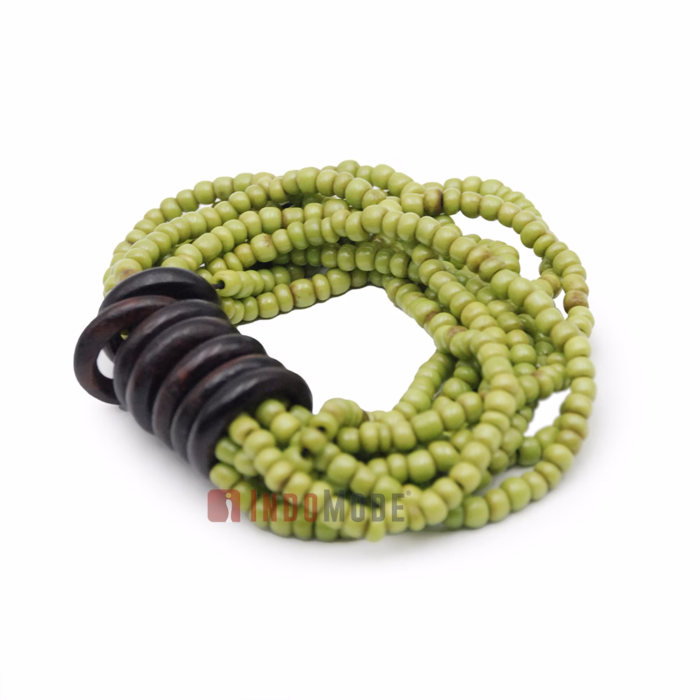 Beaded Bali Bracelet - Parrot Green Handcrafted 10-Strand Elastic Stretchy Women's Jewelry with Wood Rings Size 6.5-7.5 inch with Gift Box - Image 5