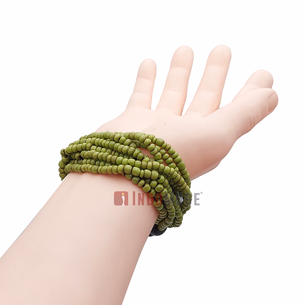 Beaded Bali Bracelet - Parrot Green Handcrafted 10-Strand Elastic Stretchy Women's Jewelry with Wood Rings Size 6.5-7.5 inch with Gift Box - Image 6