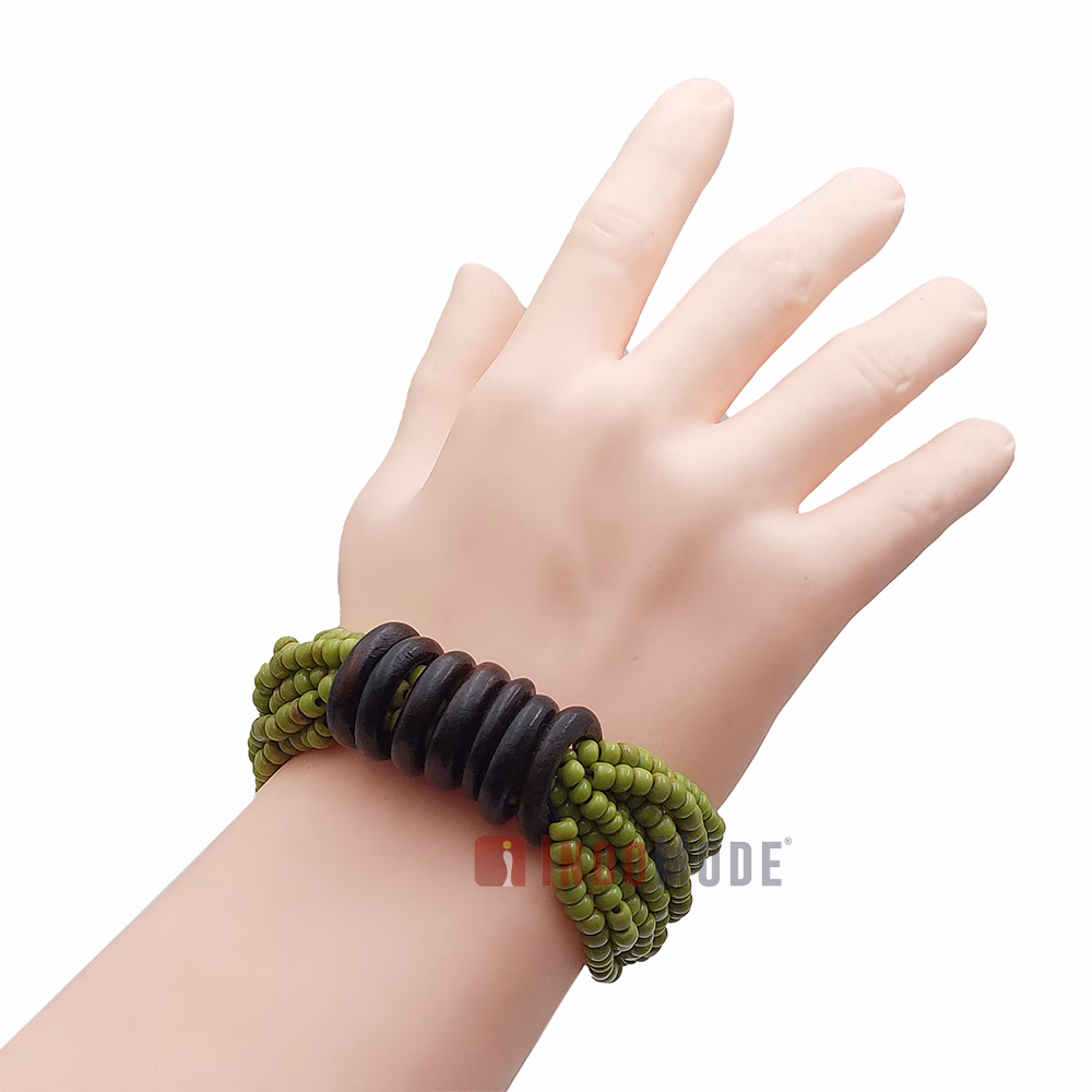 Beaded Bali Bracelet - Parrot Green Handcrafted 10-Strand Elastic Stretchy Women's Jewelry with Wood Rings Size 6.5-7.5 inch with Gift Box - Image 7