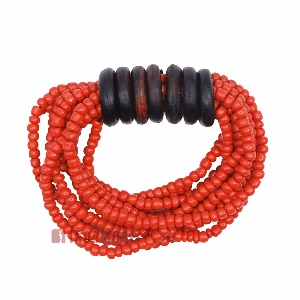 Beaded Bali Bracelet - Red Handcrafted 10-Strand Elastic Stretchy Women's Jewelry with Wood Rings Size 6.5-7.5 inch with Gift Box
