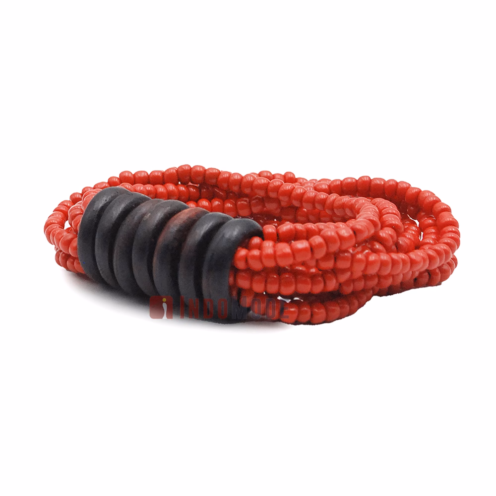 Beaded Bali Bracelet - Red Handcrafted 10-Strand Elastic Stretchy Women's Jewelry with Wood Rings Size 6.5-7.5 inch with Gift Box - Image 2