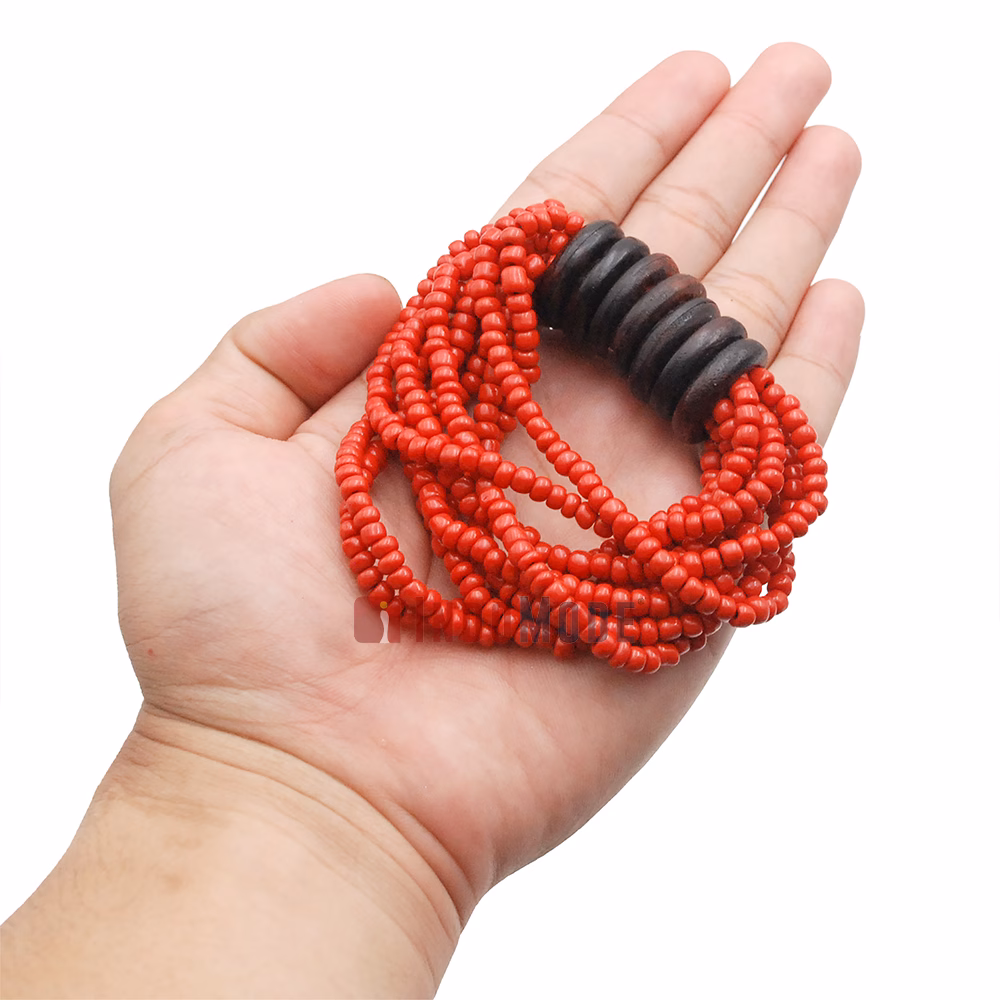 Beaded Bali Bracelet - Red Handcrafted 10-Strand Elastic Stretchy Women's Jewelry with Wood Rings Size 6.5-7.5 inch with Gift Box - Image 4
