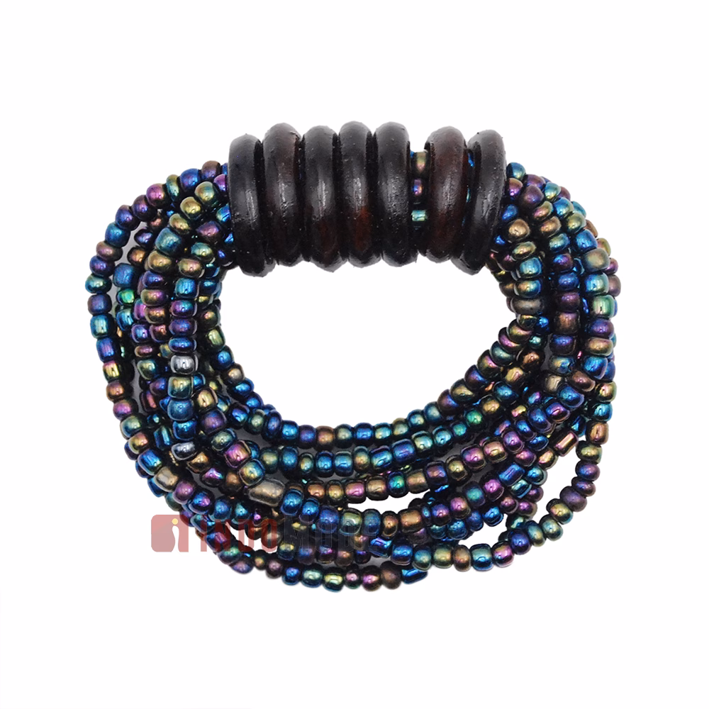 Beaded Bali Bracelet - Rainbow Chrome Handcrafted 10-Strand Elastic Stretchy Women's Jewelry with Wood Rings Size 6.5-7.5 inch with Gift Box