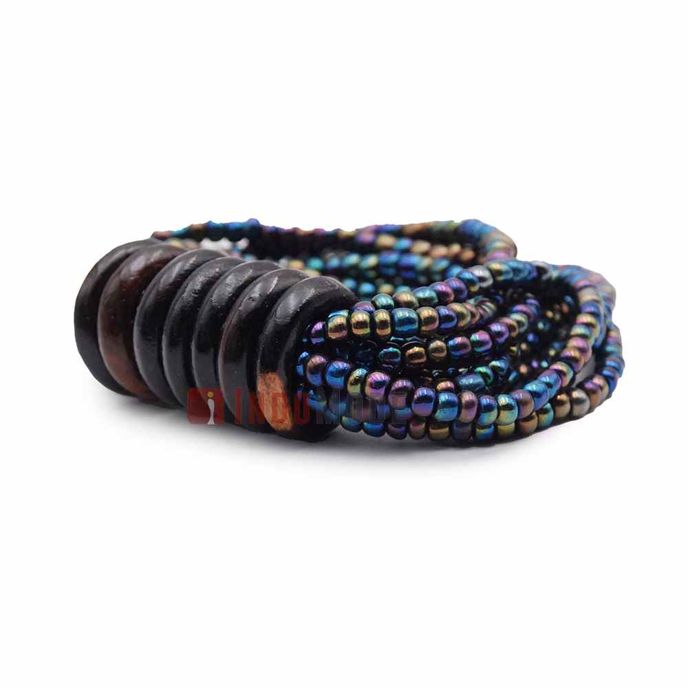 Beaded Bali Bracelet - Rainbow Chrome Handcrafted 10-Strand Elastic Stretchy Women's Jewelry with Wood Rings Size 6.5-7.5 inch with Gift Box - Image 2
