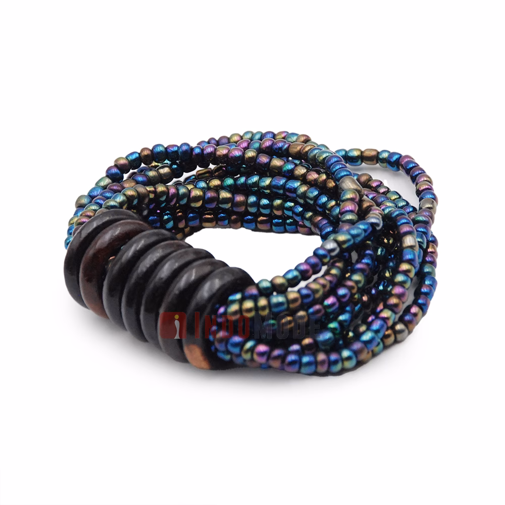 Beaded Bali Bracelet - Rainbow Chrome Handcrafted 10-Strand Elastic Stretchy Women's Jewelry with Wood Rings Size 6.5-7.5 inch with Gift Box - Image 5