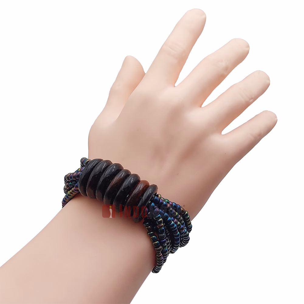 Beaded Bali Bracelet - Rainbow Chrome Handcrafted 10-Strand Elastic Stretchy Women's Jewelry with Wood Rings Size 6.5-7.5 inch with Gift Box - Image 6
