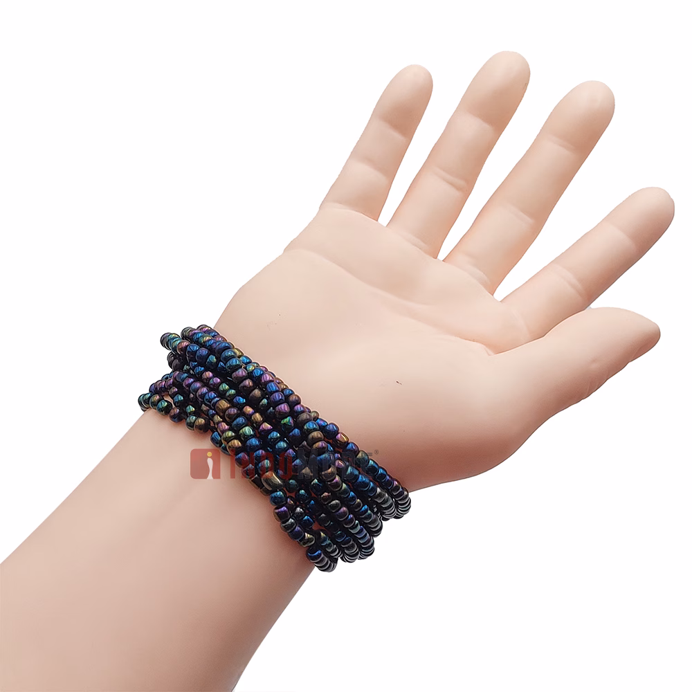 Beaded Bali Bracelet - Rainbow Chrome Handcrafted 10-Strand Elastic Stretchy Women's Jewelry with Wood Rings Size 6.5-7.5 inch with Gift Box - Image 7