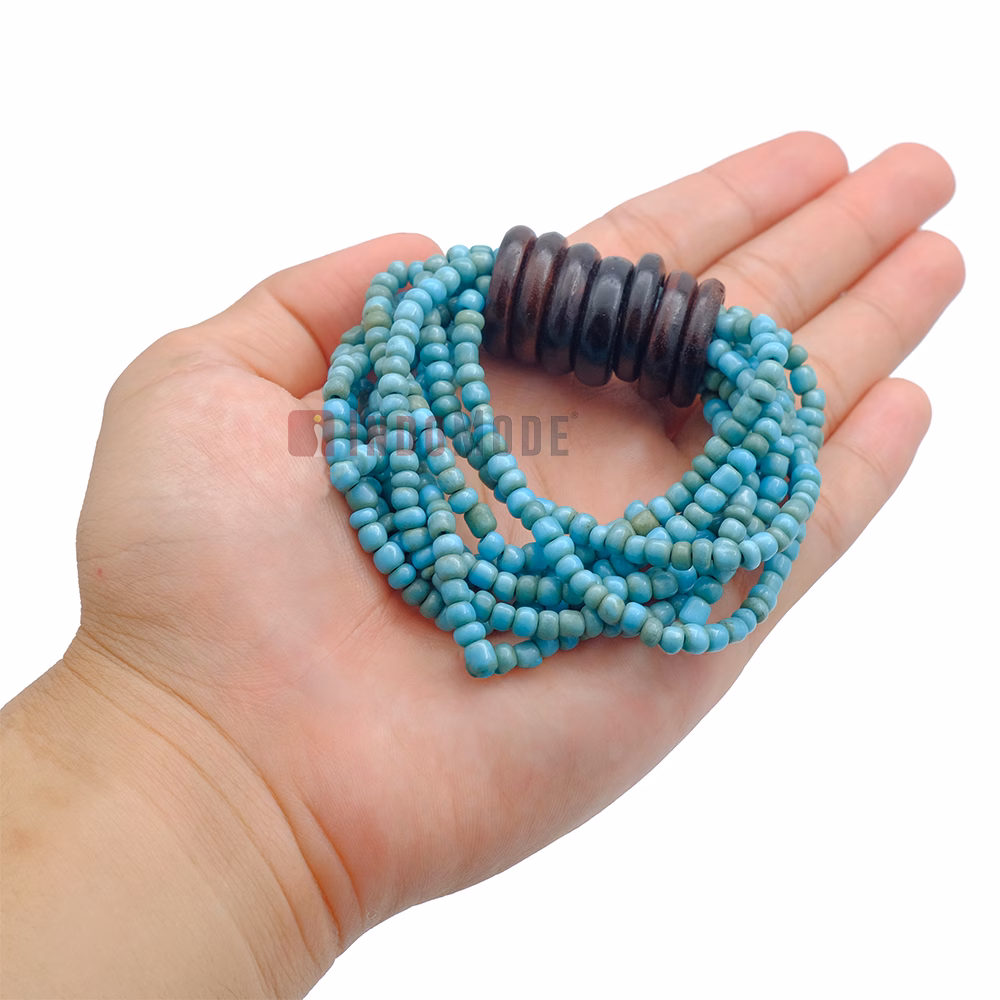 Beaded Bali Bracelet - Turquoise Handcrafted 10-Strand Elastic Stretchy Women's Jewelry with Wood Rings Size 6.5-7.5 inch with Gift Box