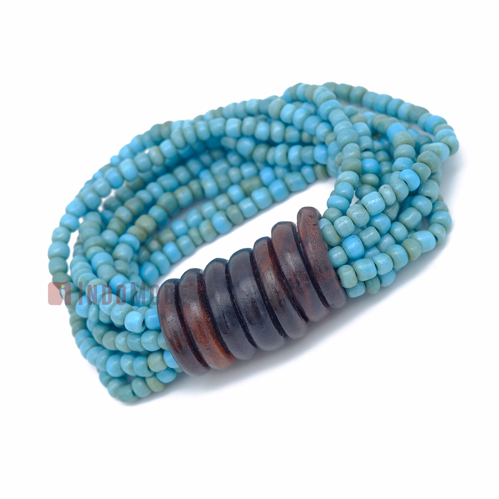 Beaded Bali Bracelet - Turquoise Handcrafted 10-Strand Elastic Stretchy Women's Jewelry with Wood Rings Size 6.5-7.5 inch with Gift Box