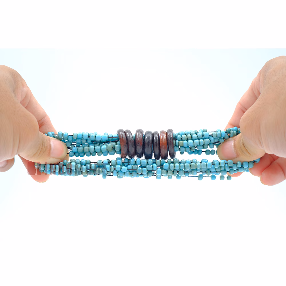 Beaded Bali Bracelet - Turquoise Handcrafted 10-Strand Elastic Stretchy Women's Jewelry with Wood Rings Size 6.5-7.5 inch with Gift Box