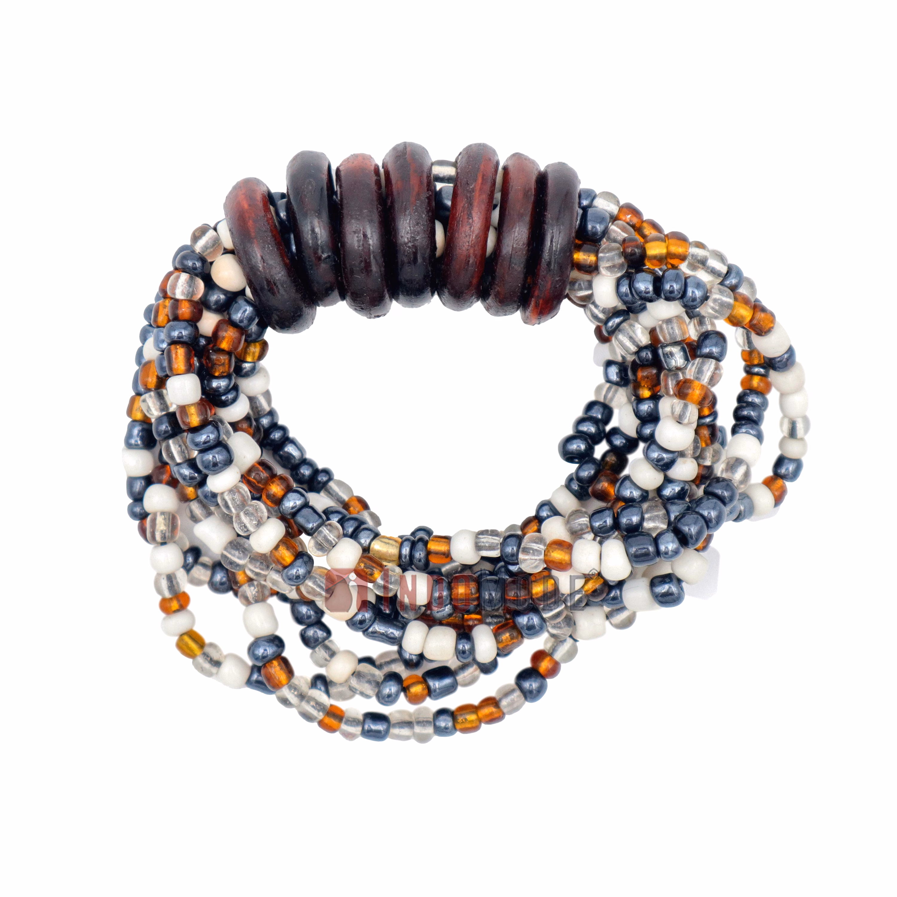 Beaded Bali Bracelet - Clear, White, Translucent Gold, Hematite Handcrafted 10-Strand Elastic Stretchy Women's Jewelry with Wood Rings Size 6.5-7.5 inch with Gift Box