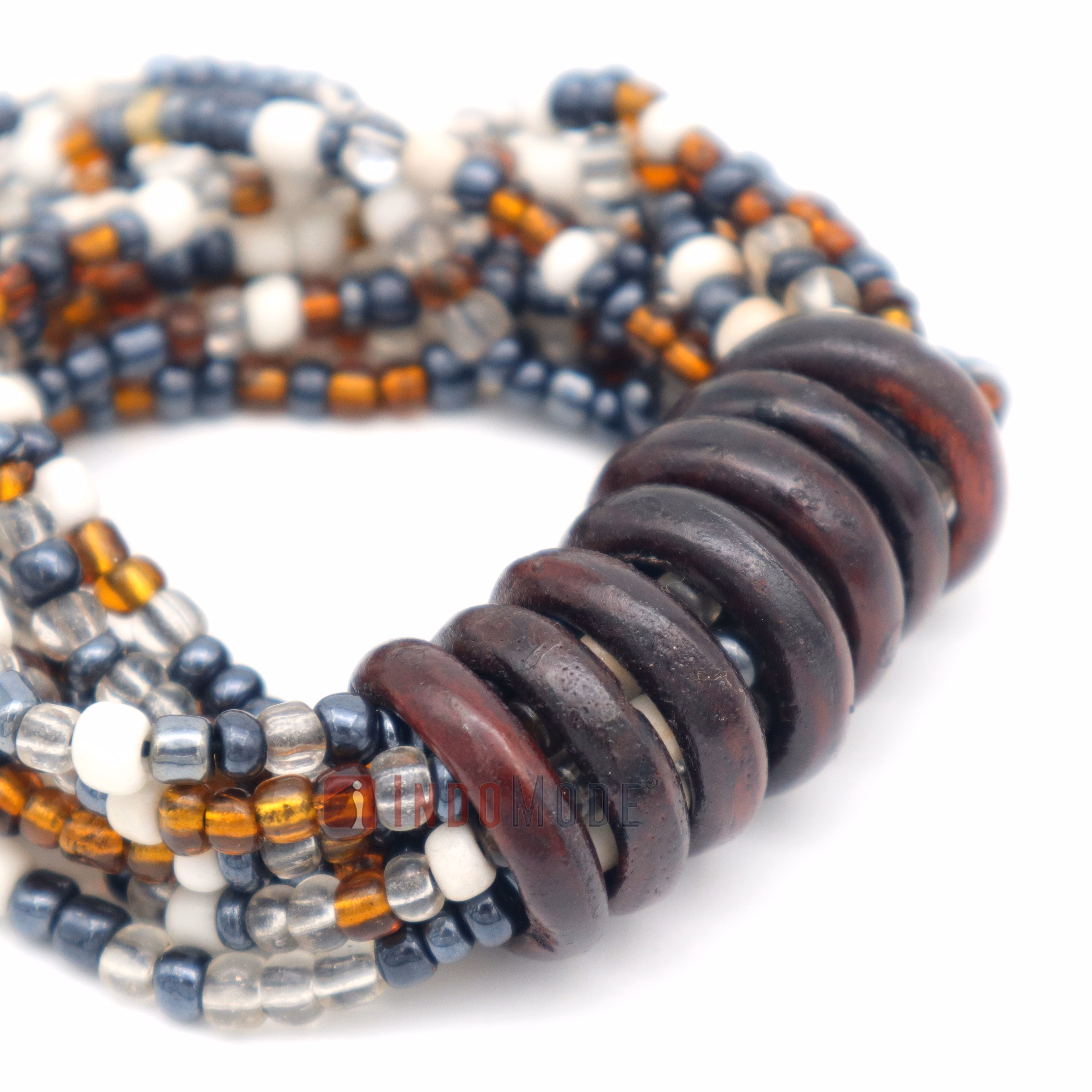 Beaded Bali Bracelet - Clear, White, Translucent Gold, Hematite Handcrafted 10-Strand Elastic Stretchy Women's Jewelry with Wood Rings Size 6.5-7.5 inch with Gift Box - Image 2