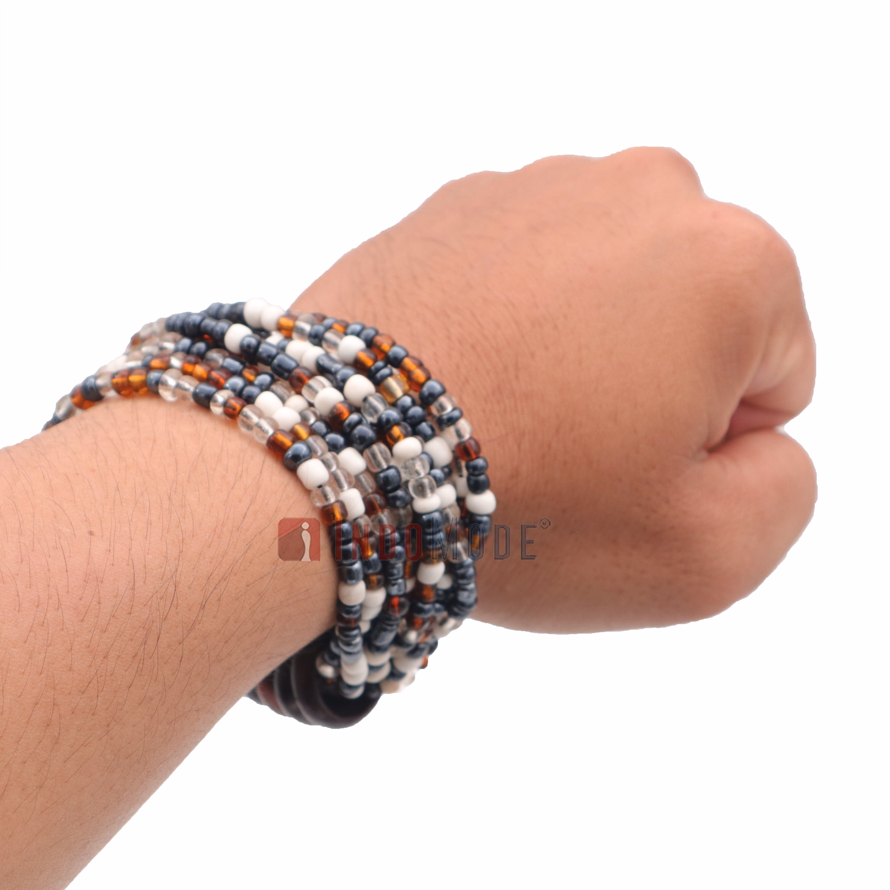 Beaded Bali Bracelet - Clear, White, Translucent Gold, Hematite Handcrafted 10-Strand Elastic Stretchy Women's Jewelry with Wood Rings Size 6.5-7.5 inch with Gift Box - Image 3