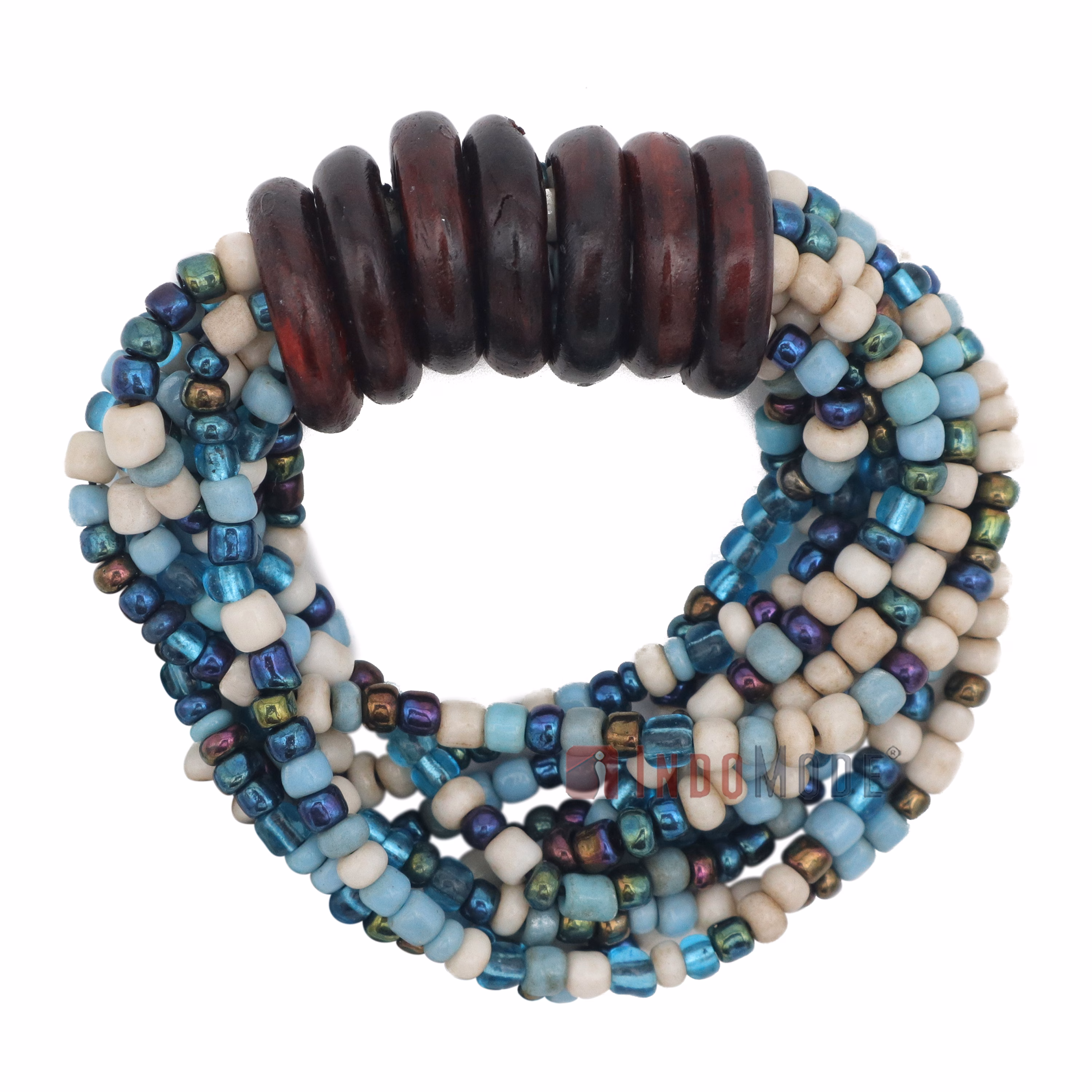 Beaded Bali Bracelet - Bone White, Translucent, Translucent Blue Handcrafted 10-Strand Elastic Stretchy Women's Jewelry with Wood Rings Size 6.5-7.5 inch with Gift Box