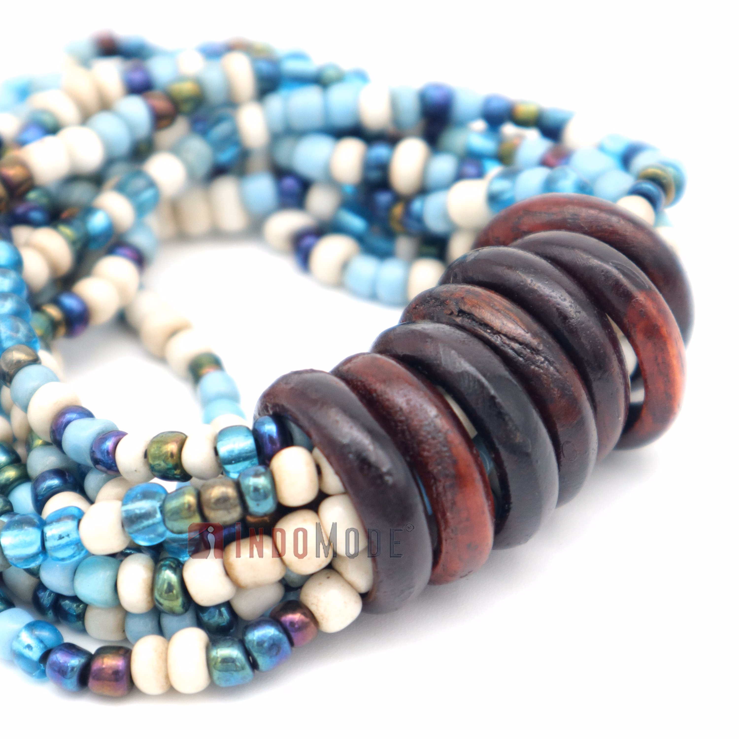 Beaded Bali Bracelet - Bone White, Translucent, Translucent Blue Handcrafted 10-Strand Elastic Stretchy Women's Jewelry with Wood Rings Size 6.5-7.5 inch with Gift Box