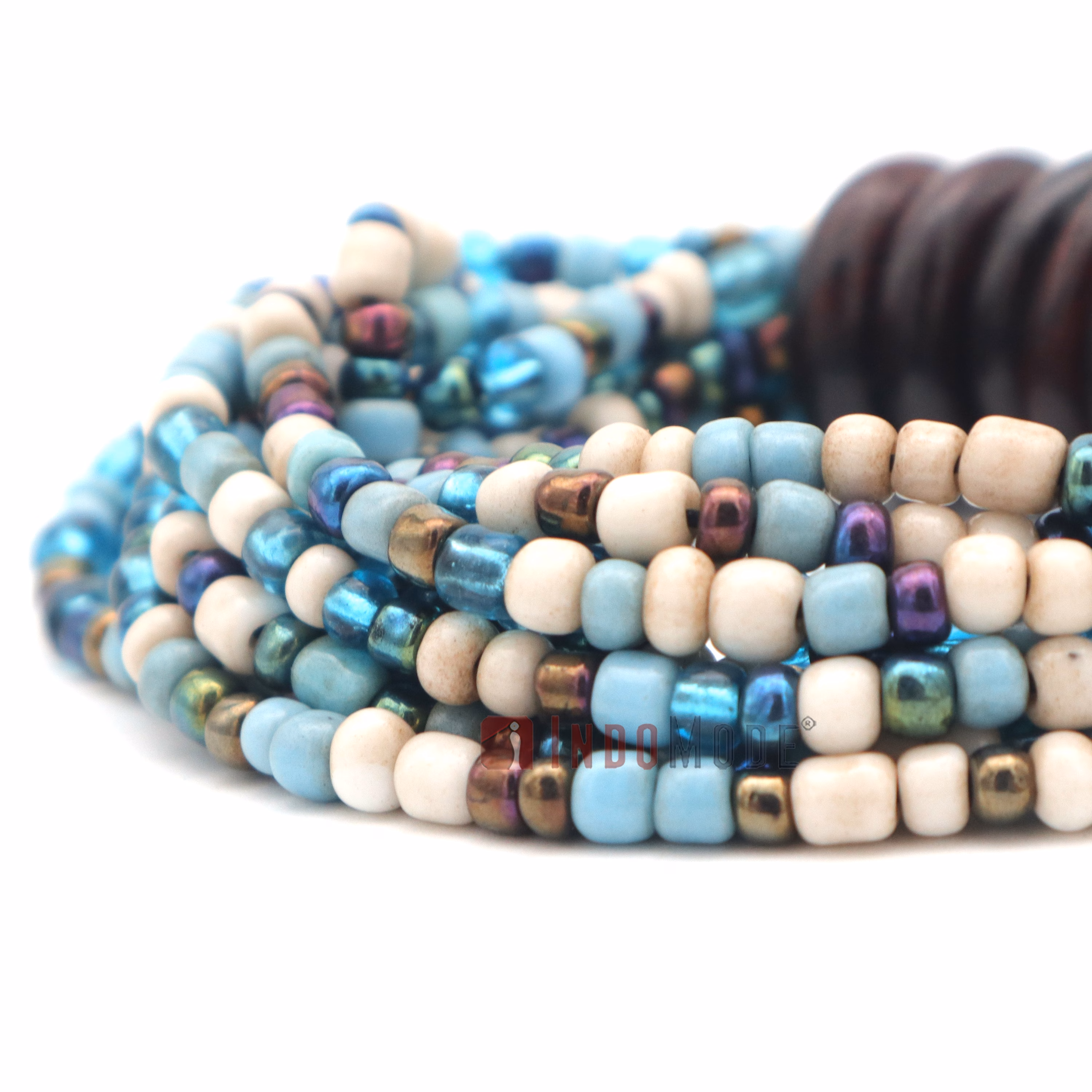 Beaded Bali Bracelet - Bone White, Translucent, Translucent Blue Handcrafted 10-Strand Elastic Stretchy Women's Jewelry with Wood Rings Size 6.5-7.5 inch with Gift Box